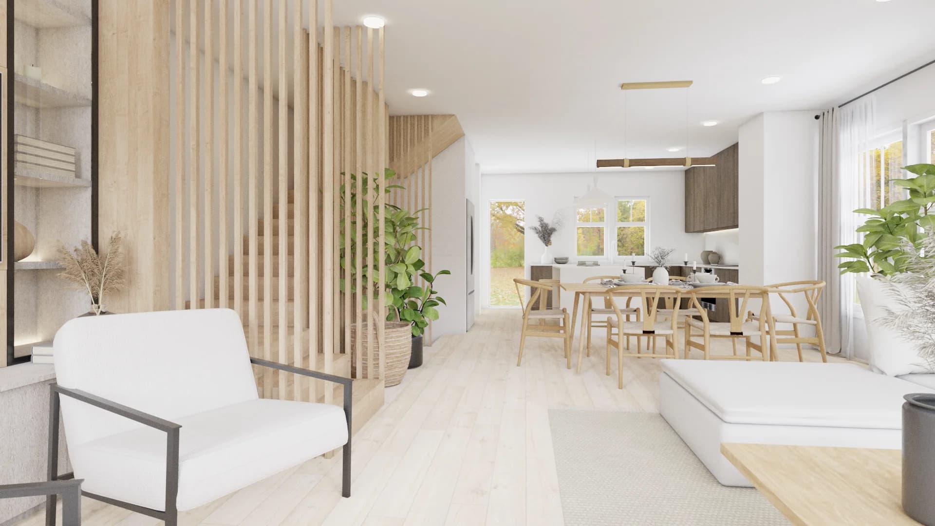 Oak slat room divider separating living area from oak dining table and chairs in bright open plan