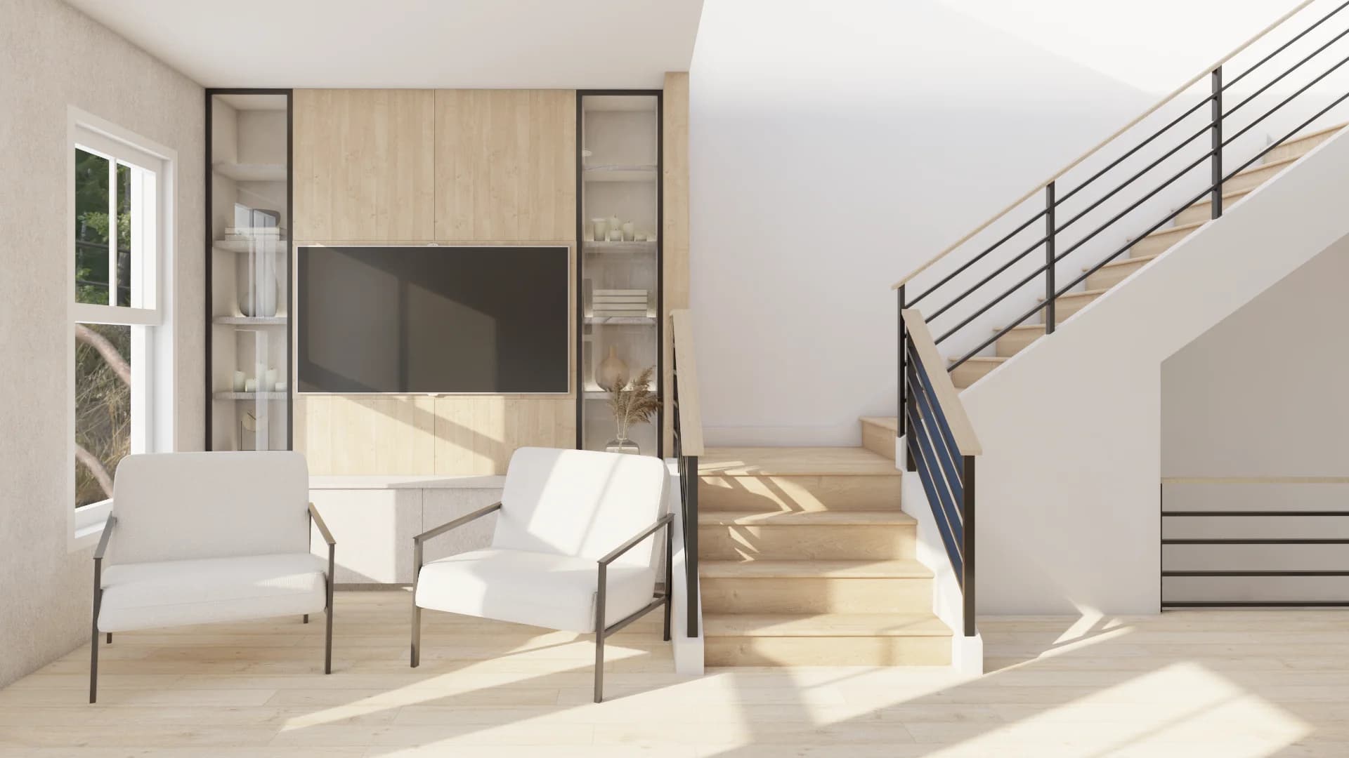 Two white armchairs facing oak TV cabinet with glass shelves and open staircase with black railing