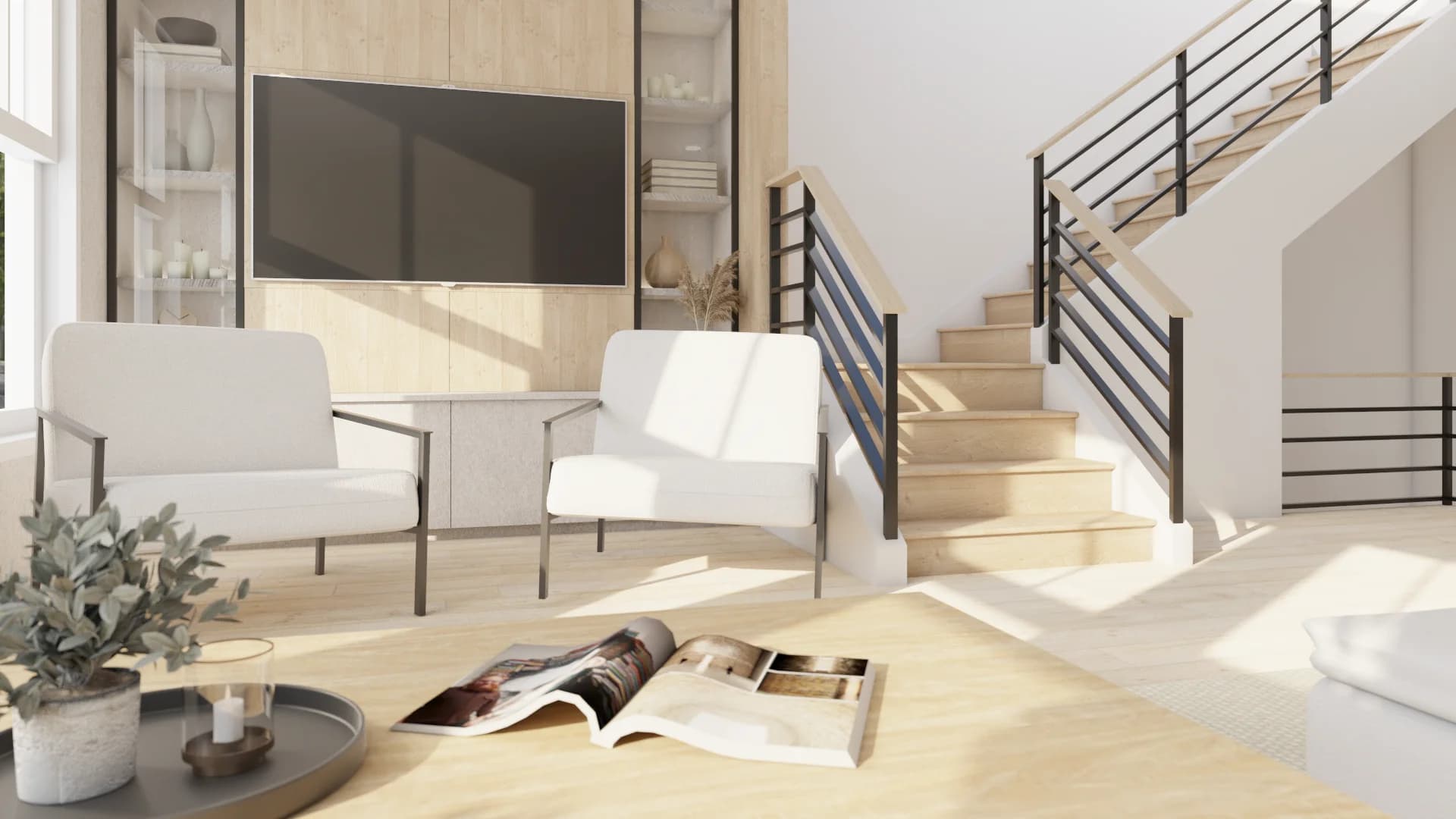White armchairs near oak media wall, open magazine on floor beside tray with candle, staircase behind