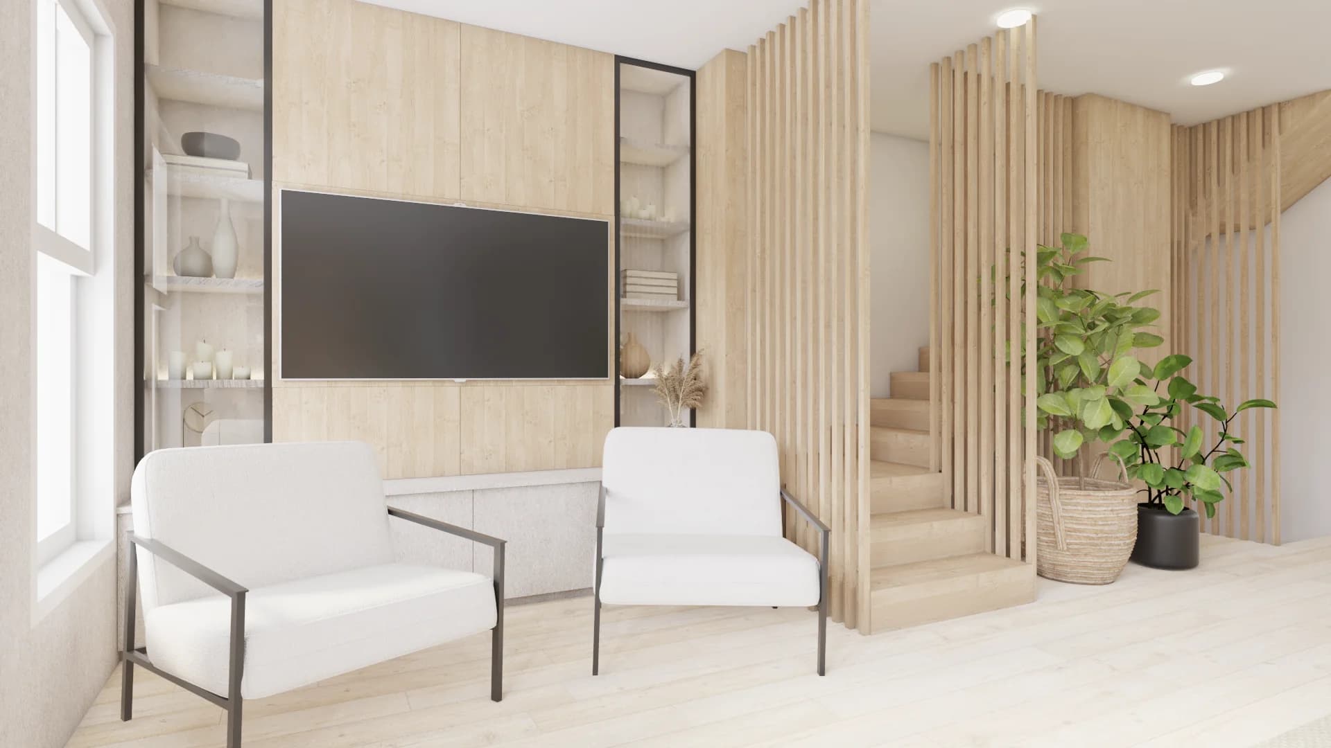 White armchairs facing oak TV panel with vertical slat staircase divider and potted fiddle leaf fig