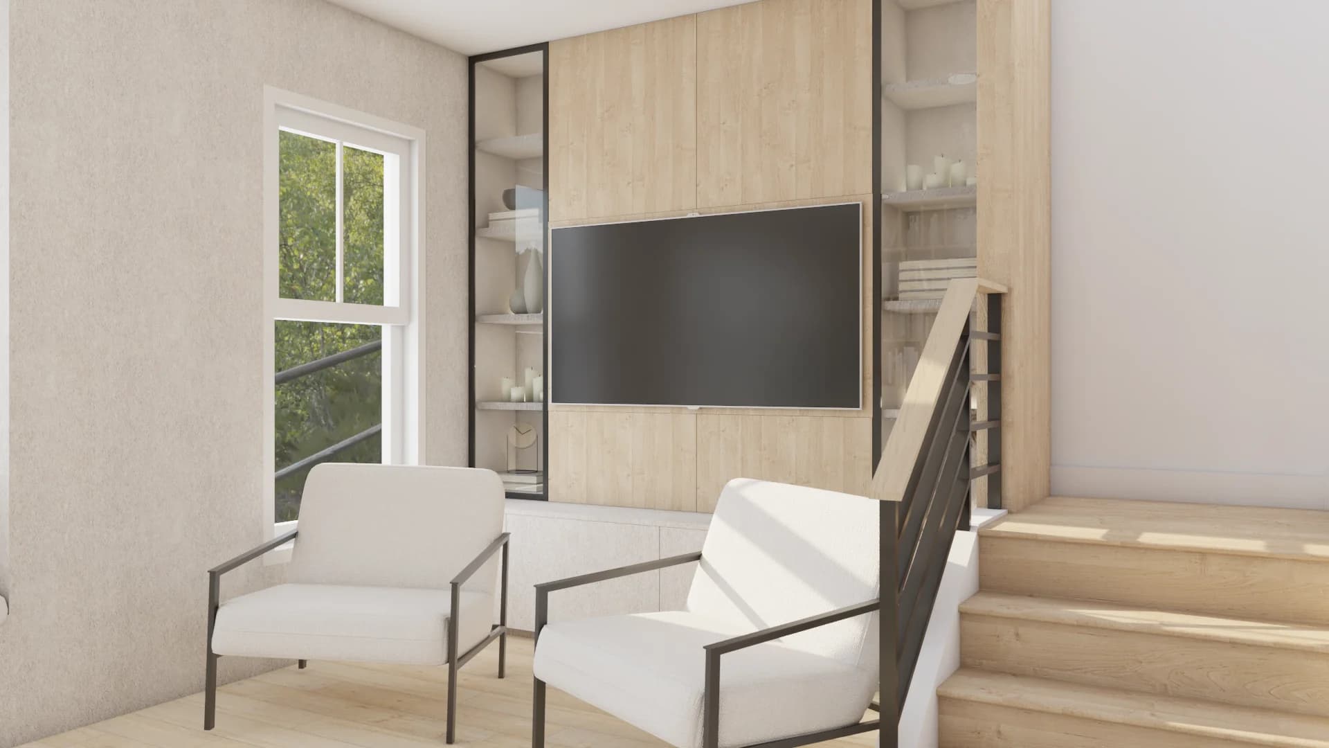 Two white accent chairs beside oak TV unit with glass shelving, natural window light, staircase to right