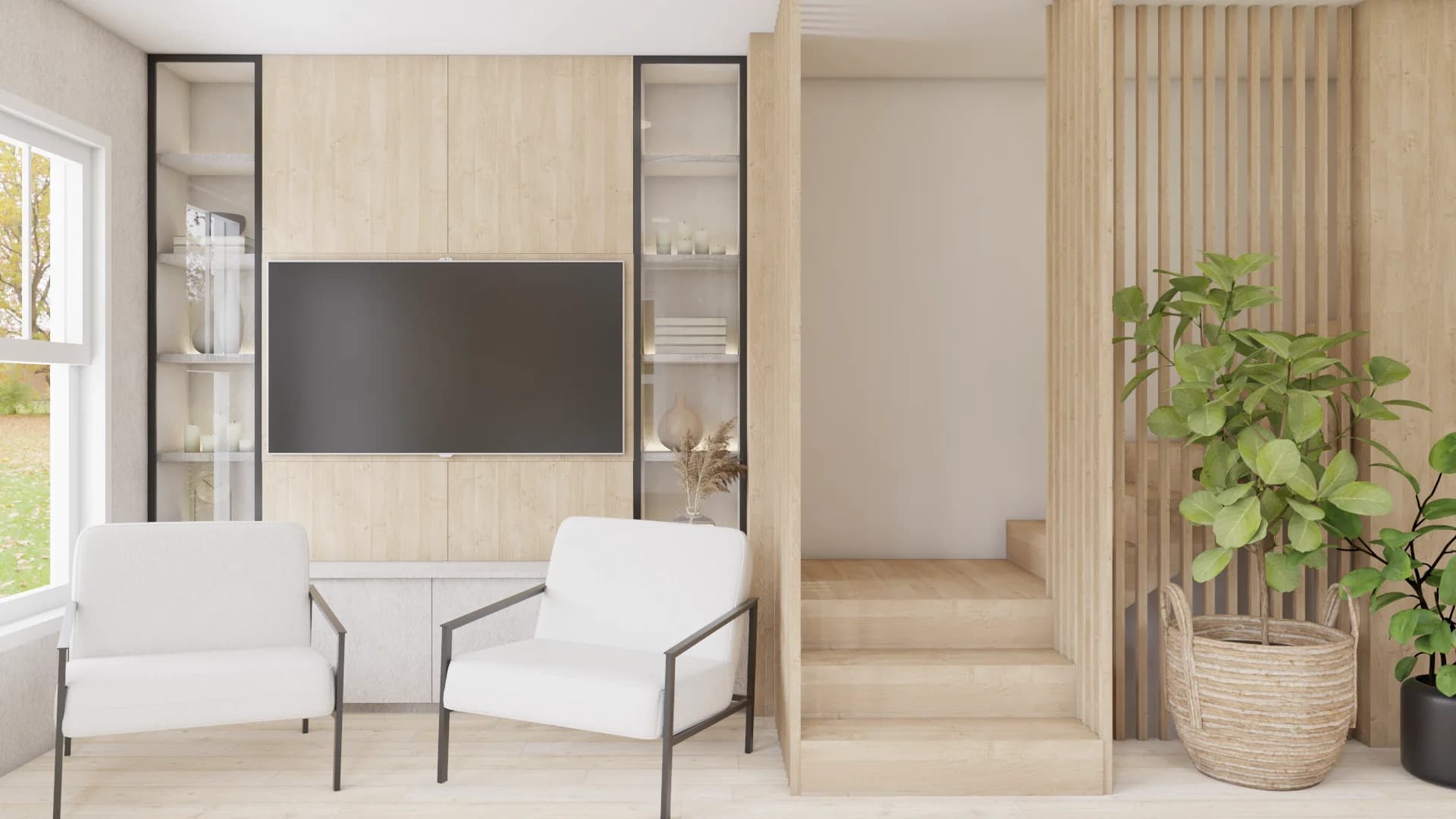 Oak media wall with glass shelves flanking TV, white accent chairs, vertical slat divider, potted plant