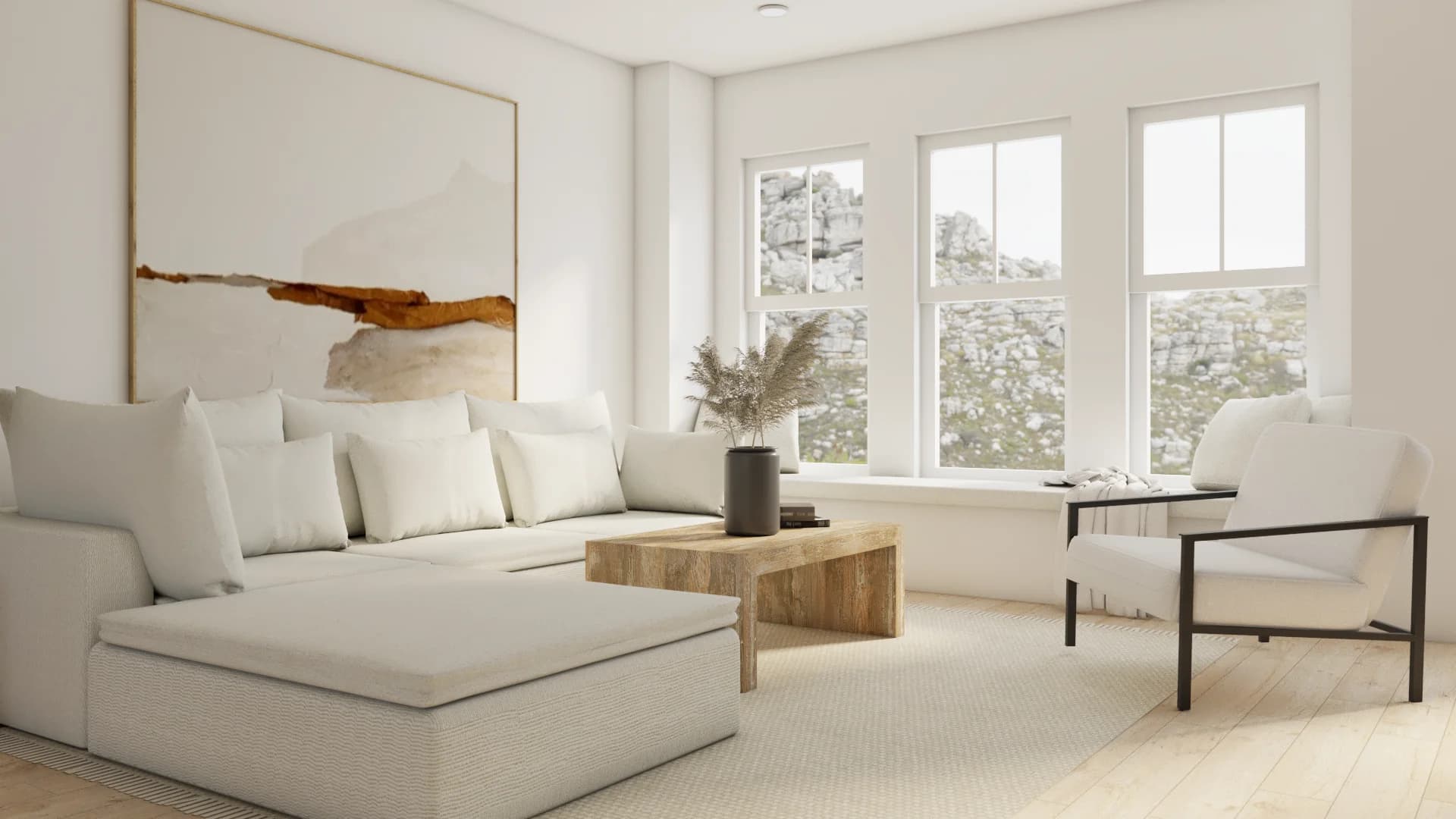 White linen sectional sofa with oak coffee table, abstract wall art, and two windows with natural light