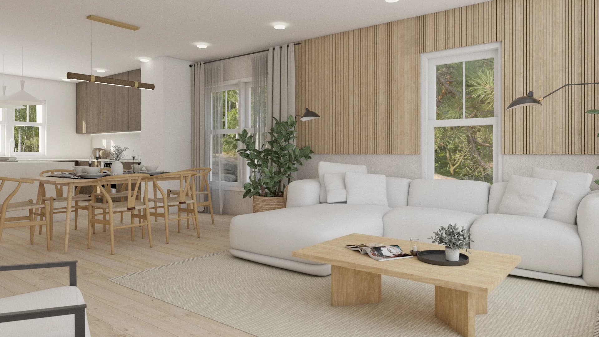 Organic Modern open-plan living room with vertical oak slat wall, white sectional sofa, and pale oak floors