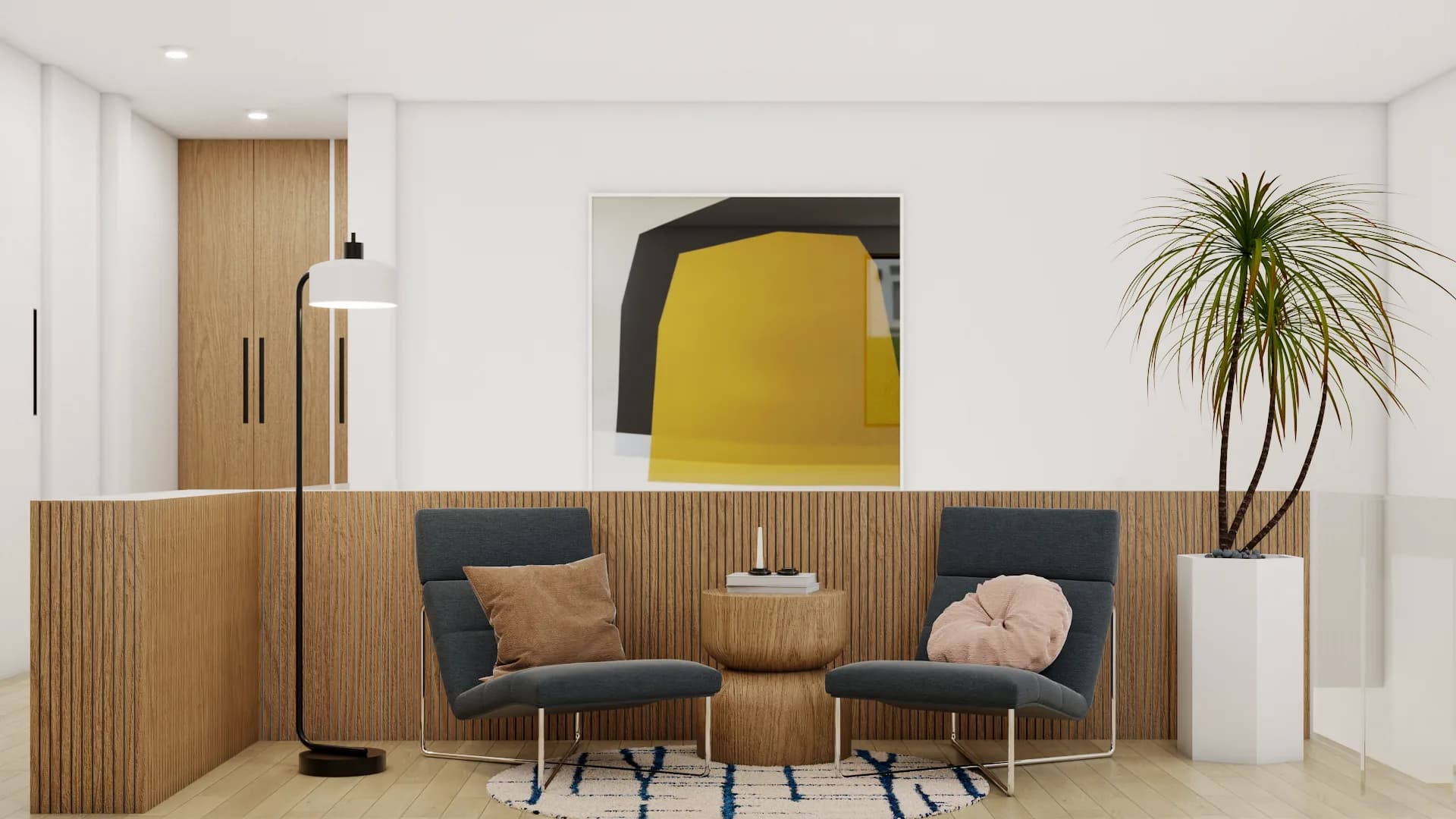 Two slate-gray lounge chairs facing oak slat half-wall with bold yellow abstract art and dracaena palm