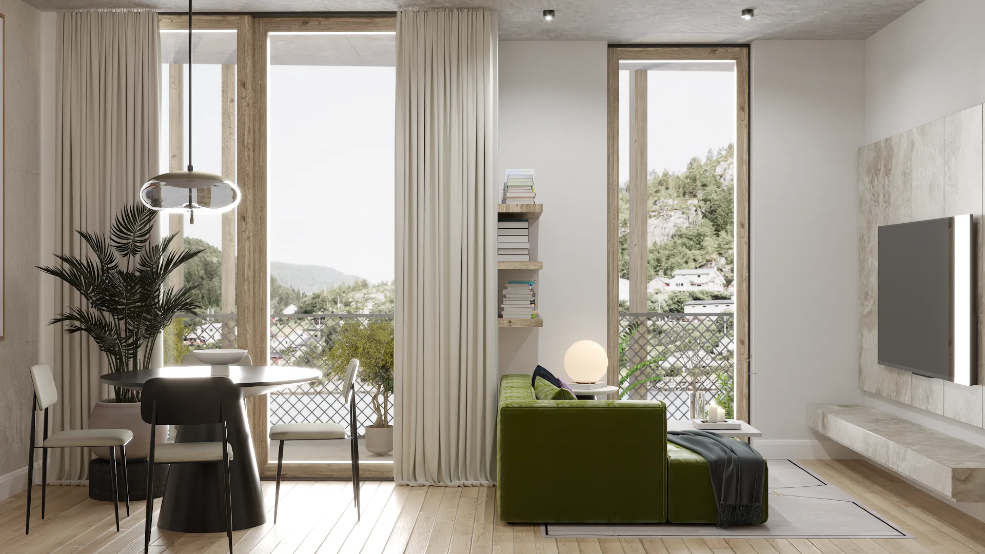 Compact contemporary living room with olive green modular sofa, dark tulip dining table, floor-to-ceiling wood-framed windows, floating shelves, and pale oak floors