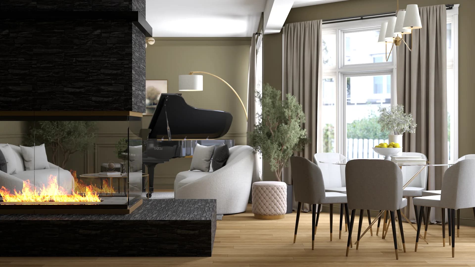 Olive open-plan living room with black grand piano, stone fireplace, dining set, and paneled walls