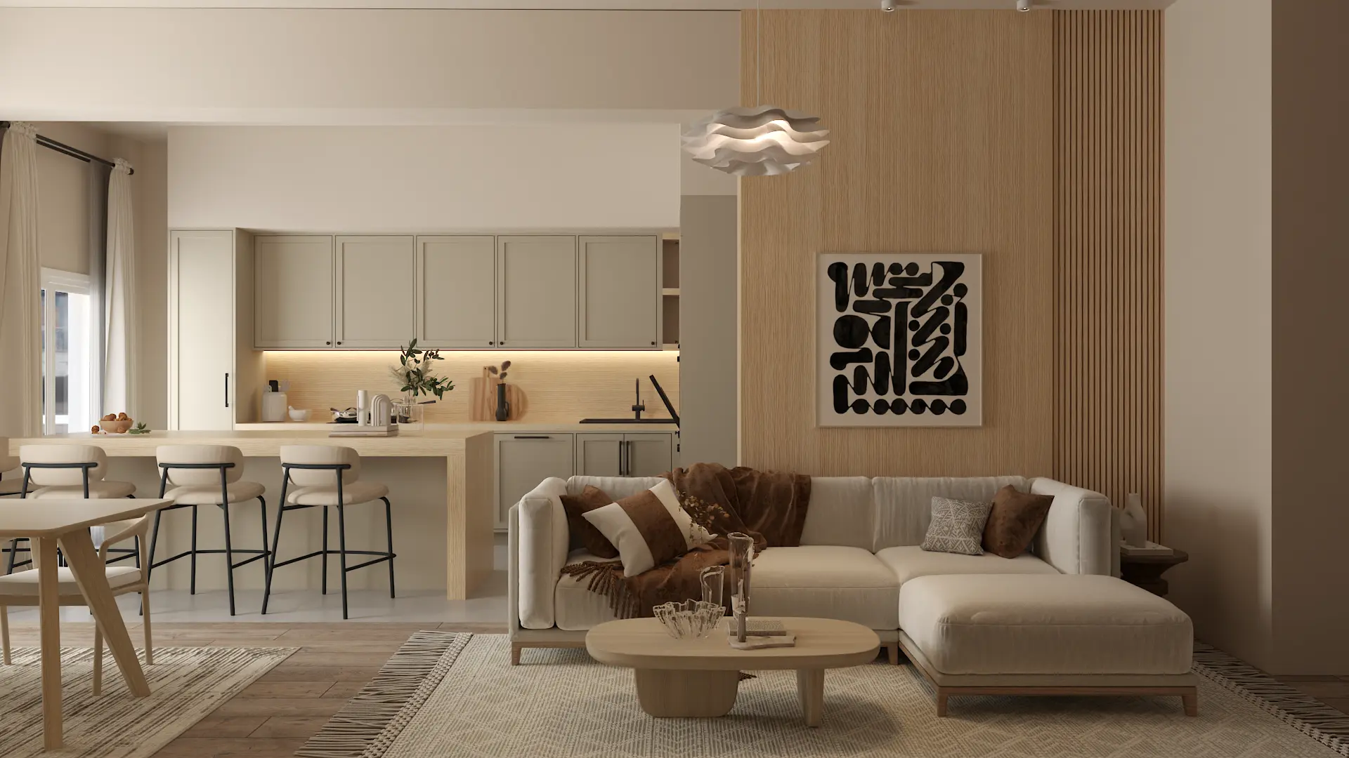 Modern living room seamlessly connected to a kitchen area, showcasing minimalist design and warm wooden accents. Interior design by Debora, an online service.