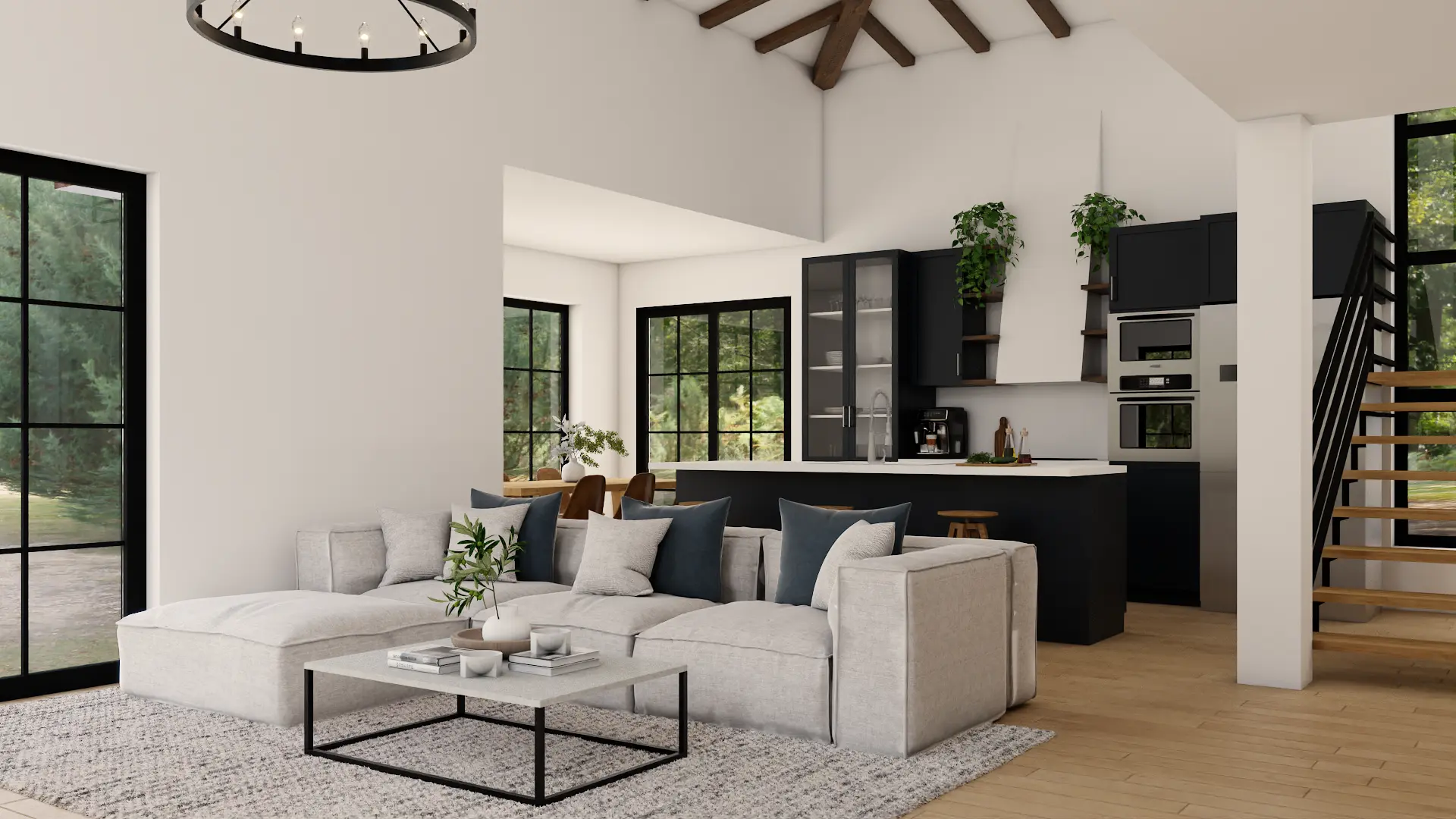 Spacious modern living room seamlessly integrated with a contemporary kitchen, featuring neutral tones, stylish furnishings, and expansive windows, creating a harmonious and functional environment. Design by Debora, an online interior design service.