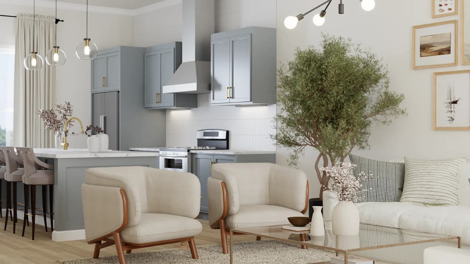 Open-plan view connecting cream living room to sage-blue kitchen with marble island and pendants