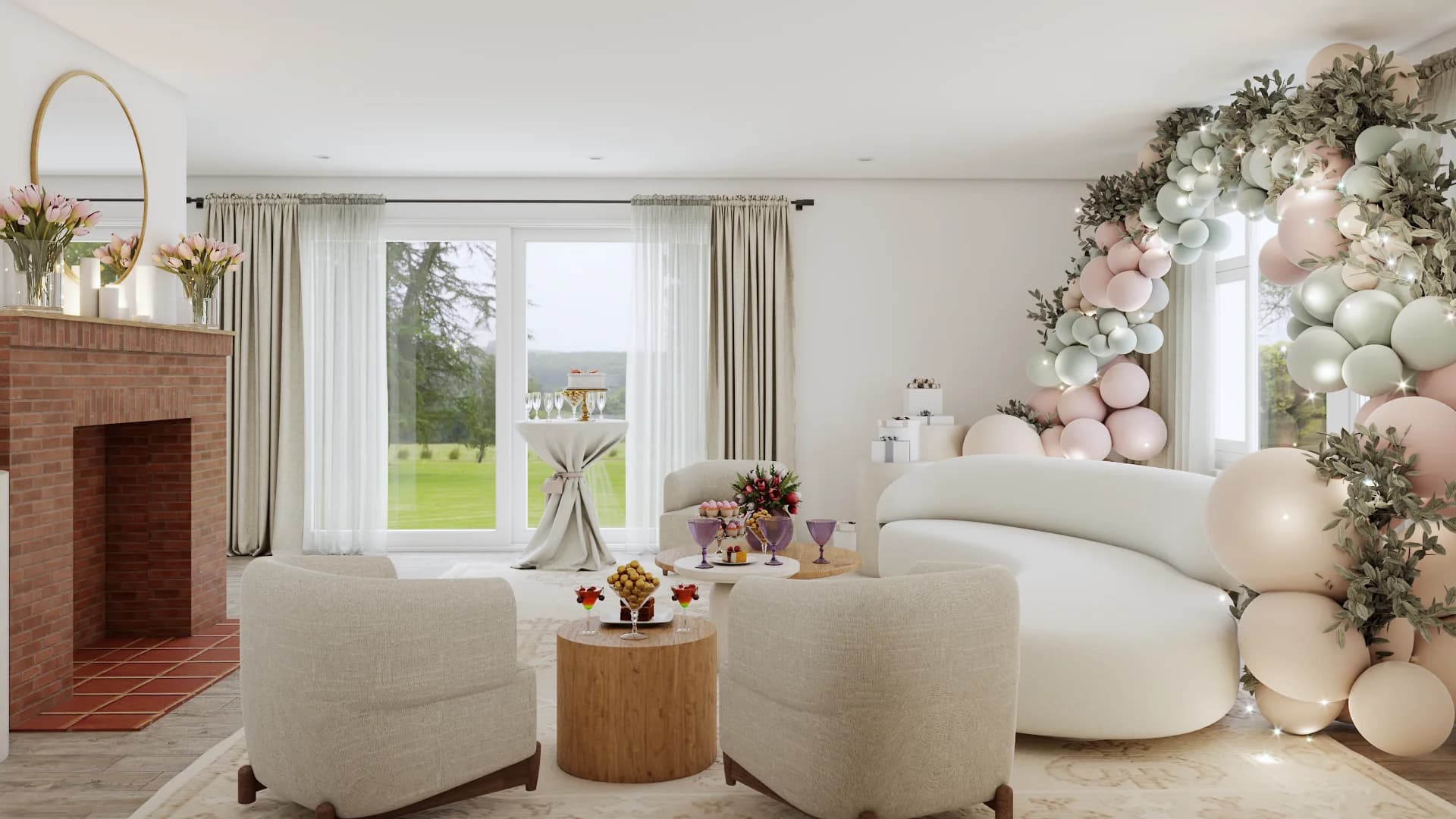 Open-plan living room with brick hearth, gold round mirror, curved cream sofa, and farmhouse dining table beyond