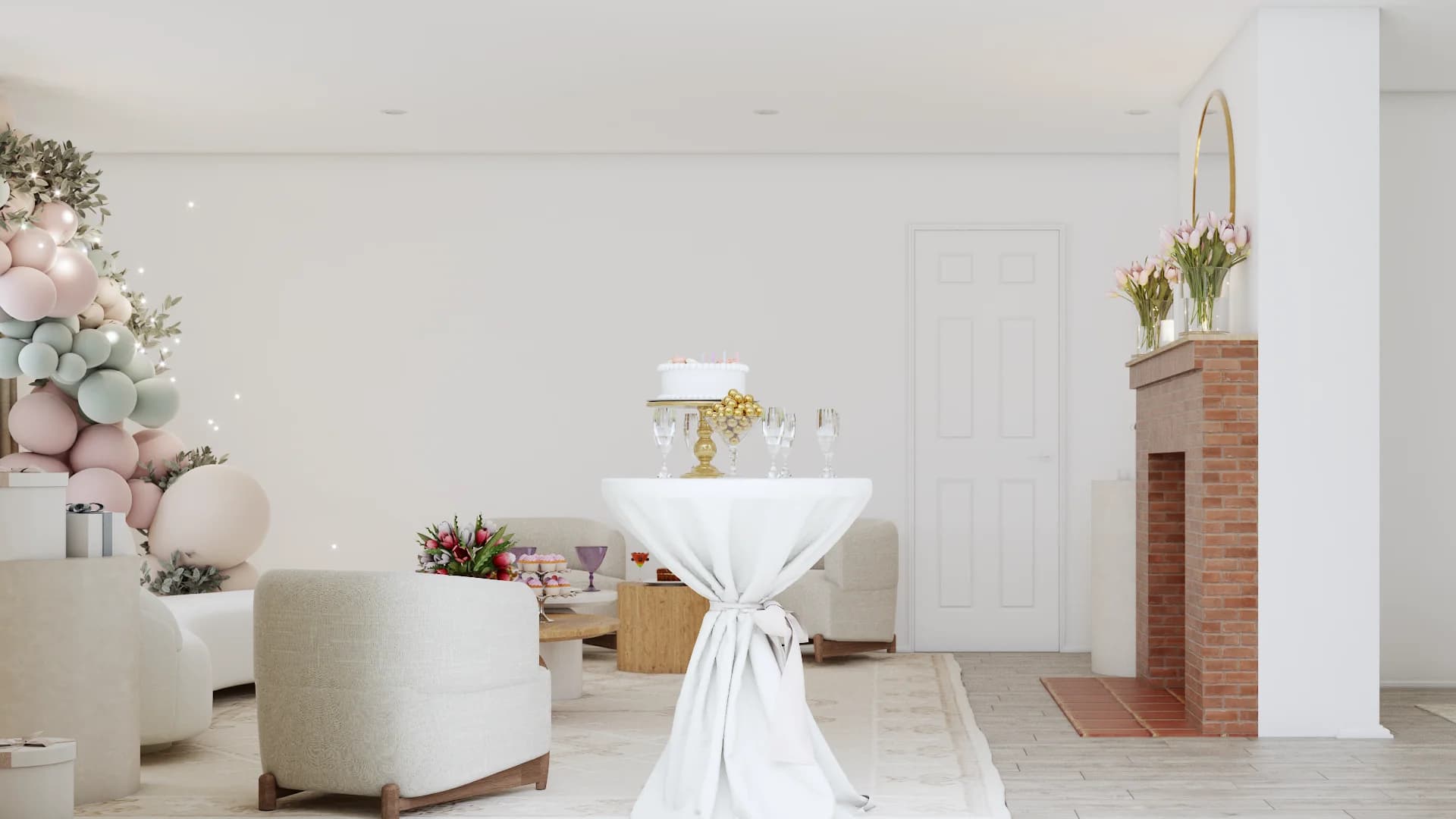 Open plan view connecting living and dining zones with brick fireplace on the right