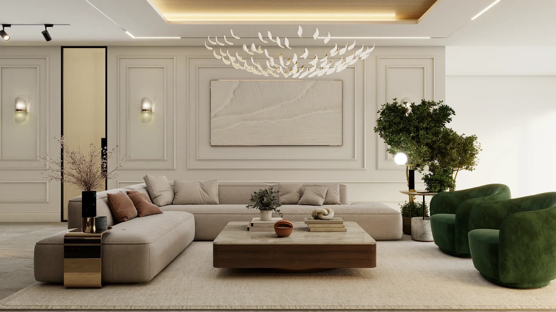 Open-plan living room with cream paneled walls, sculptural chandelier, green velvet swivel chairs, and brass accents