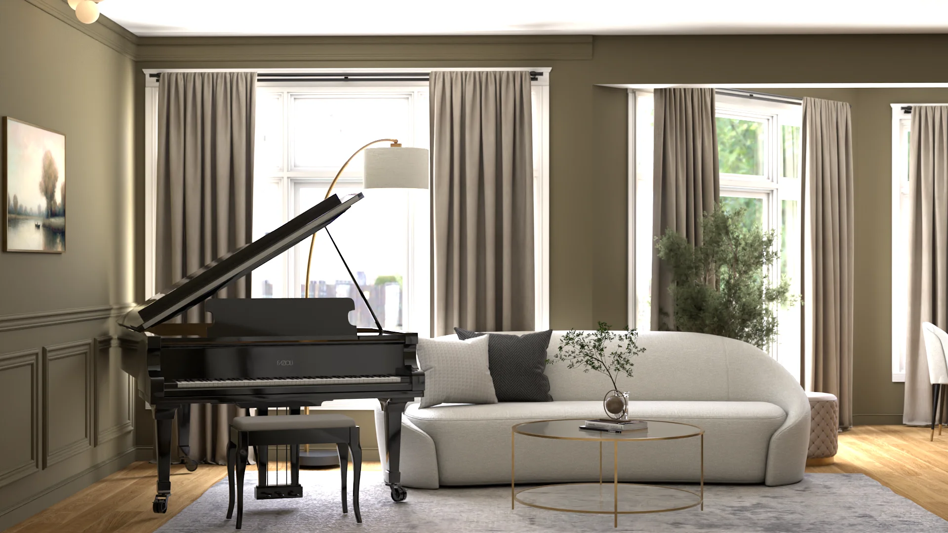 Curved sofa beside grand piano with arched mirror and olive walls
