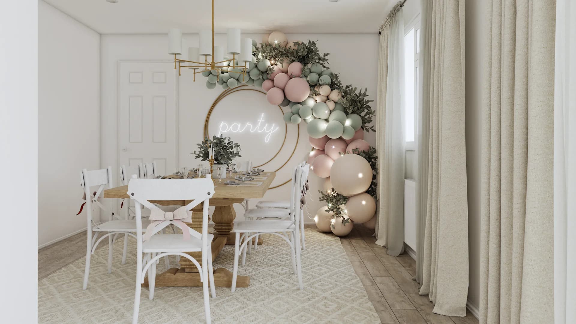 Round farmhouse dining table with X-back chairs, brass pendant, and beige drapes
