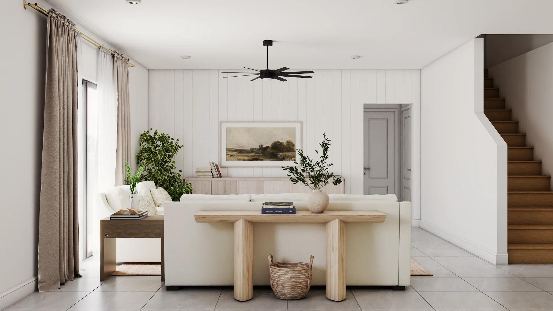 Shiplap wall with oak console table, ceramic vase with olive branches, wicker basket, and oak staircase