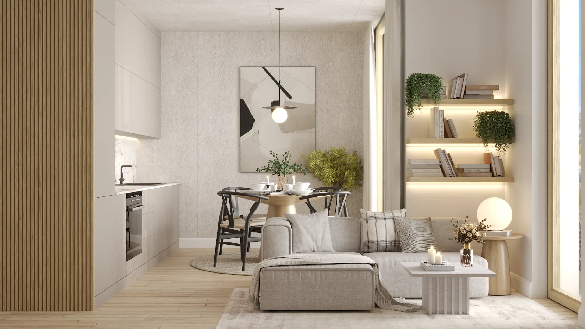 Compact Scandinavian studio with vertical birch slat wall panel, cream sofa, wishbone dining chairs, lit floating bookshelf, and abstract circular wall art