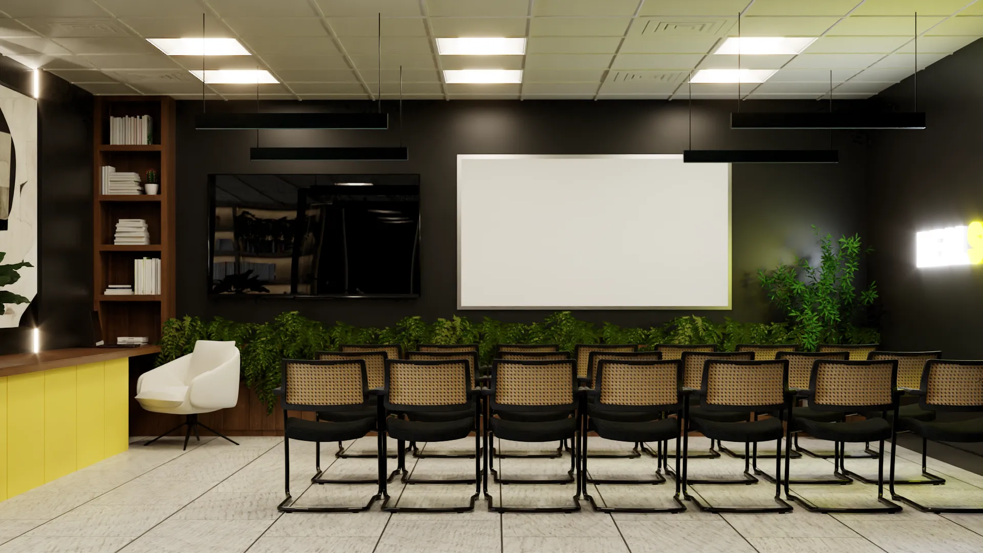 A contemporary conference room with a black accent wall, a large whiteboard, and chairs arranged in rows. Greenery adds a refreshing element to the professional setting. Design by Debora, an online interior design service.