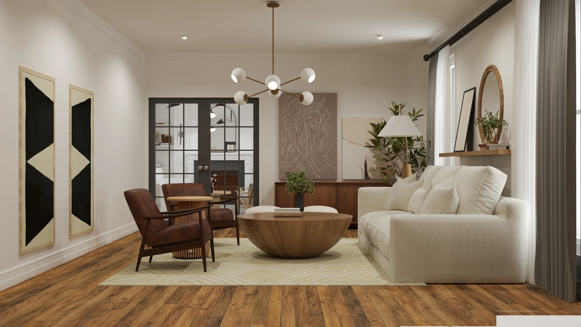 Mid-century living room with Sputnik globe chandelier, white cloud sofa, round walnut coffee table, and dark cabinets flanking archway
