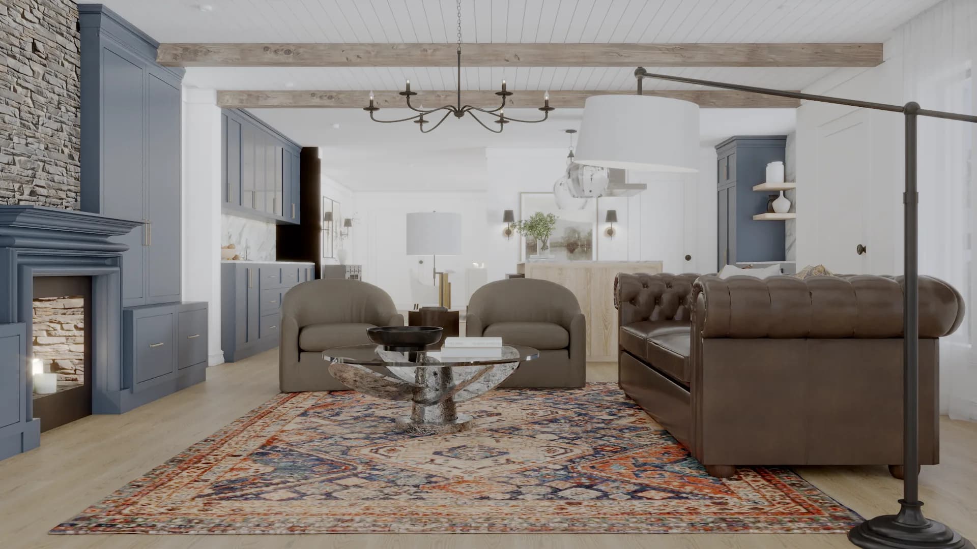 Stone fireplace with slate-blue built-in cabinets flanking it and leather seating group on Persian rug