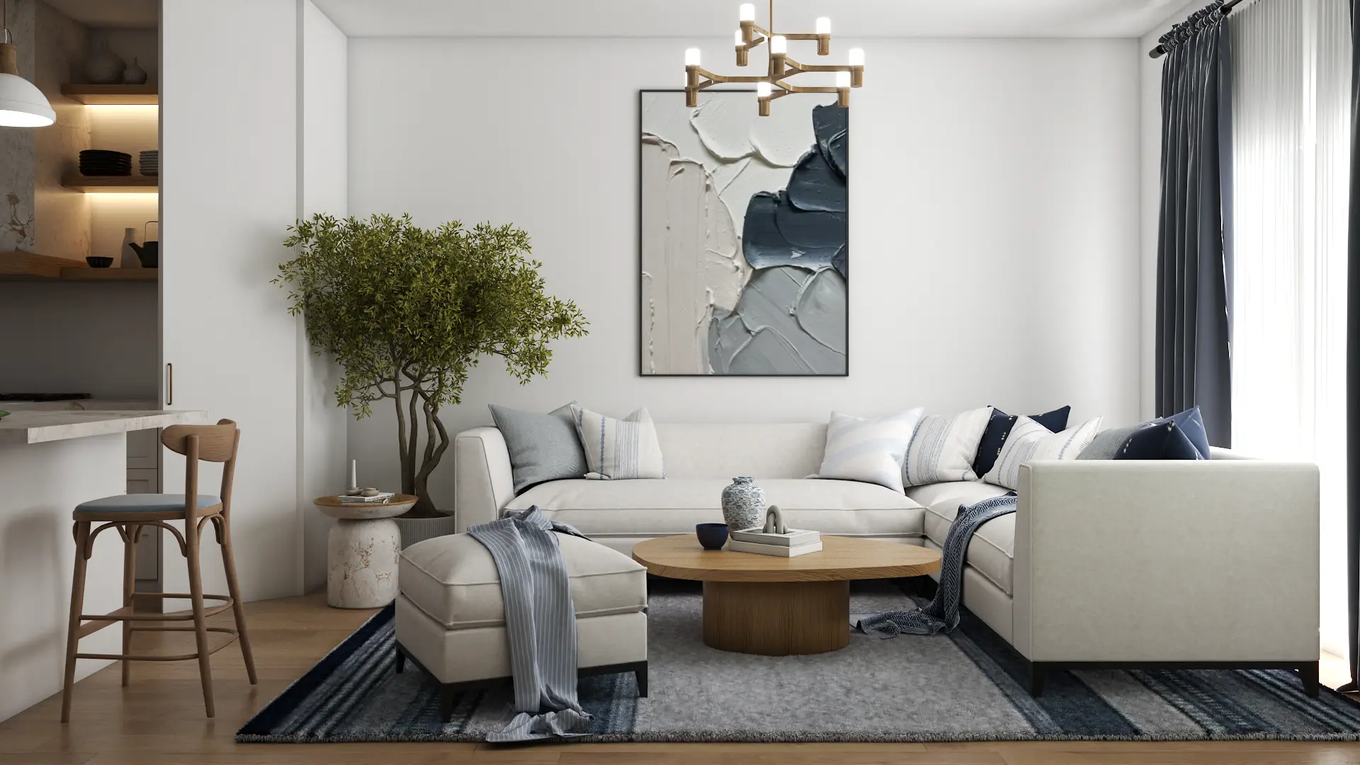Full-length navy drape and layered cream and indigo pillows on a sectional with blue throws softening an open-plan living room