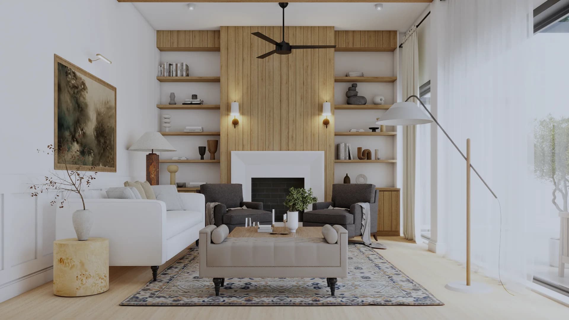 Transitional living room with vertical oak slat panels framing white plaster fireplace, integrated open shelving, cream sofa, charcoal accent chairs, and black ceiling fan