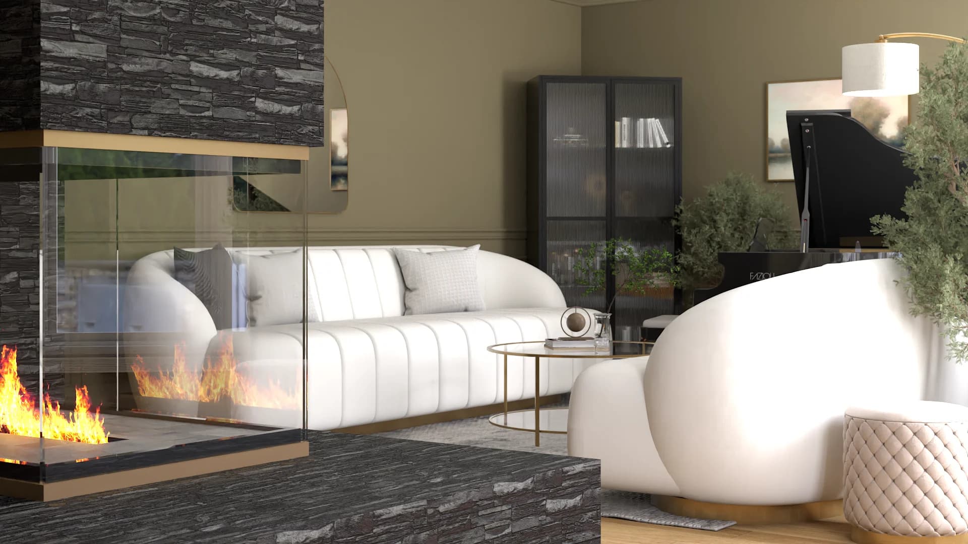 Channel sofa between black stone fireplace and glass-door bookcase