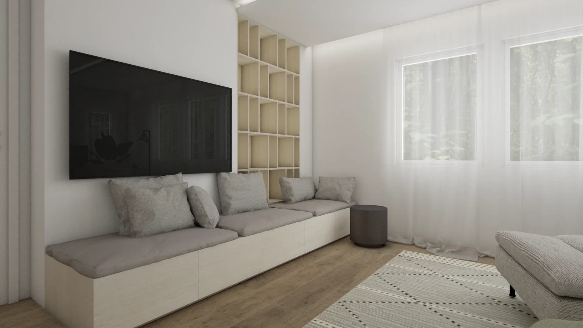Angled view of TV bench seating with gray cushions, oak cubby shelving, round ottoman, and sheer curtains