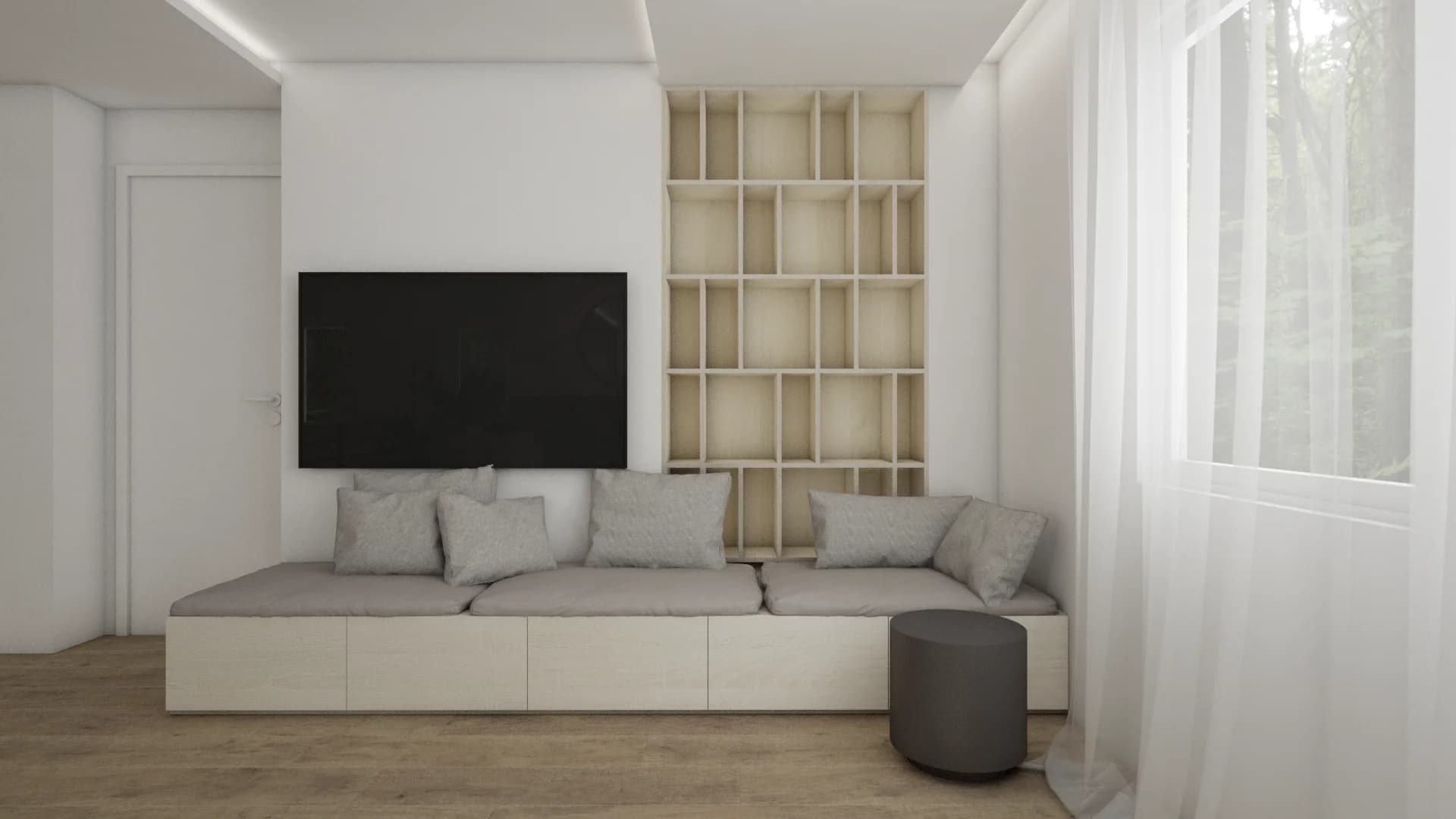 TV wall with built-in bench seating, gray cushions, tall oak cubby shelving unit, and round ottoman