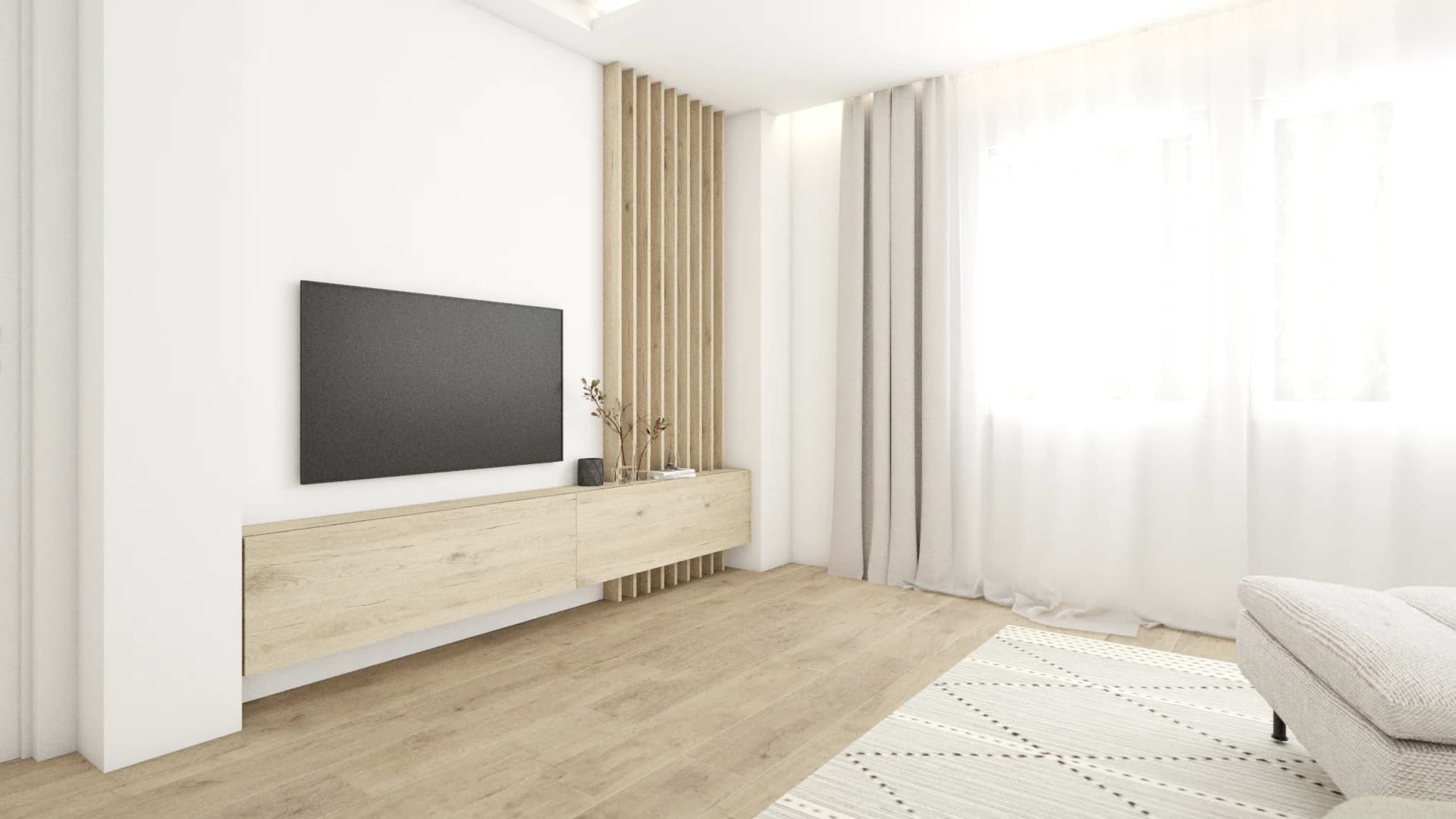 Floating oak TV console with vertical wood slat accent wall, sheer curtains, and geometric rug