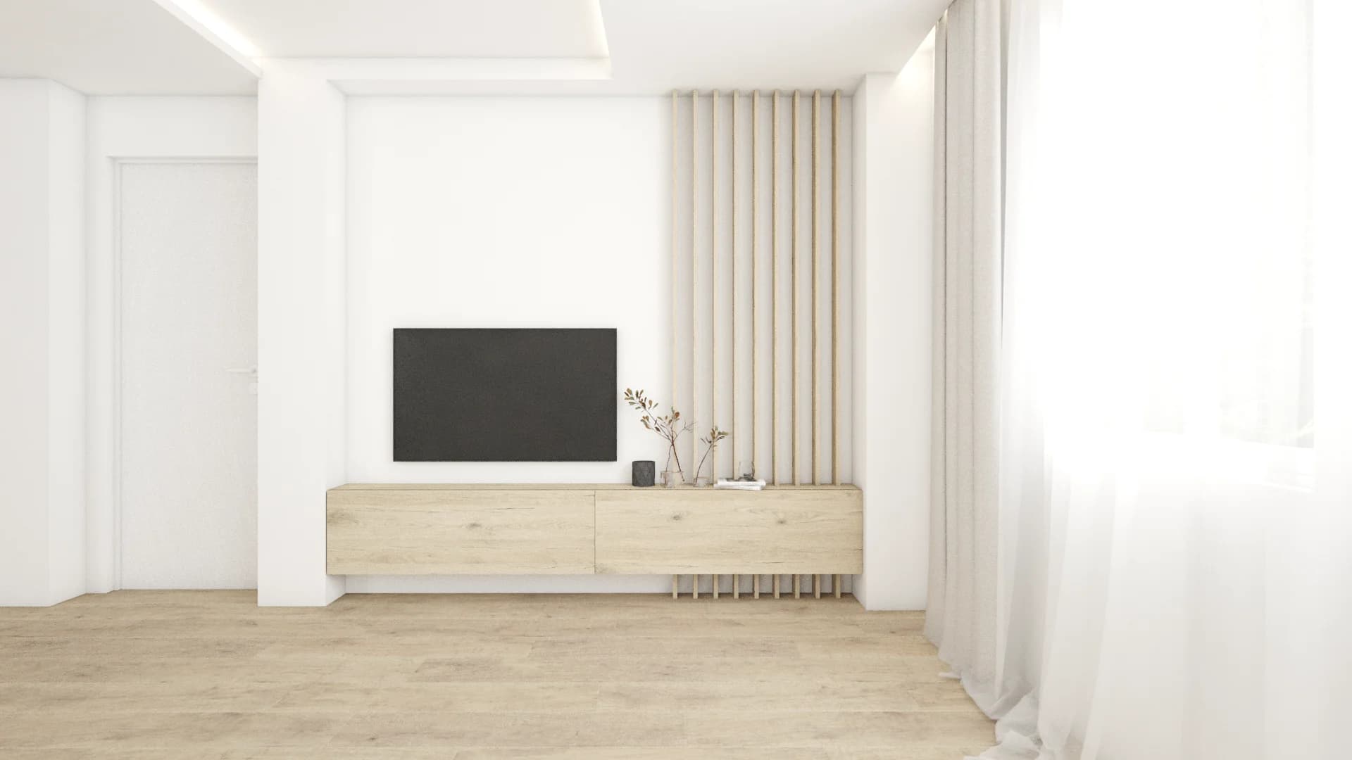 Wide-angle TV wall with oak floating console, vertical slat accent panel, sheer curtains, and geometric rug