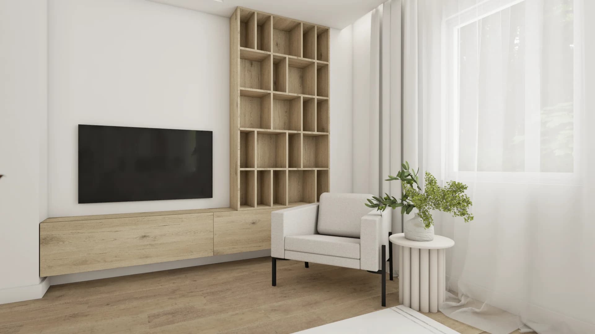 TV wall with oak floating console, tall cubby bookshelf, and white armchair beside sheer curtains