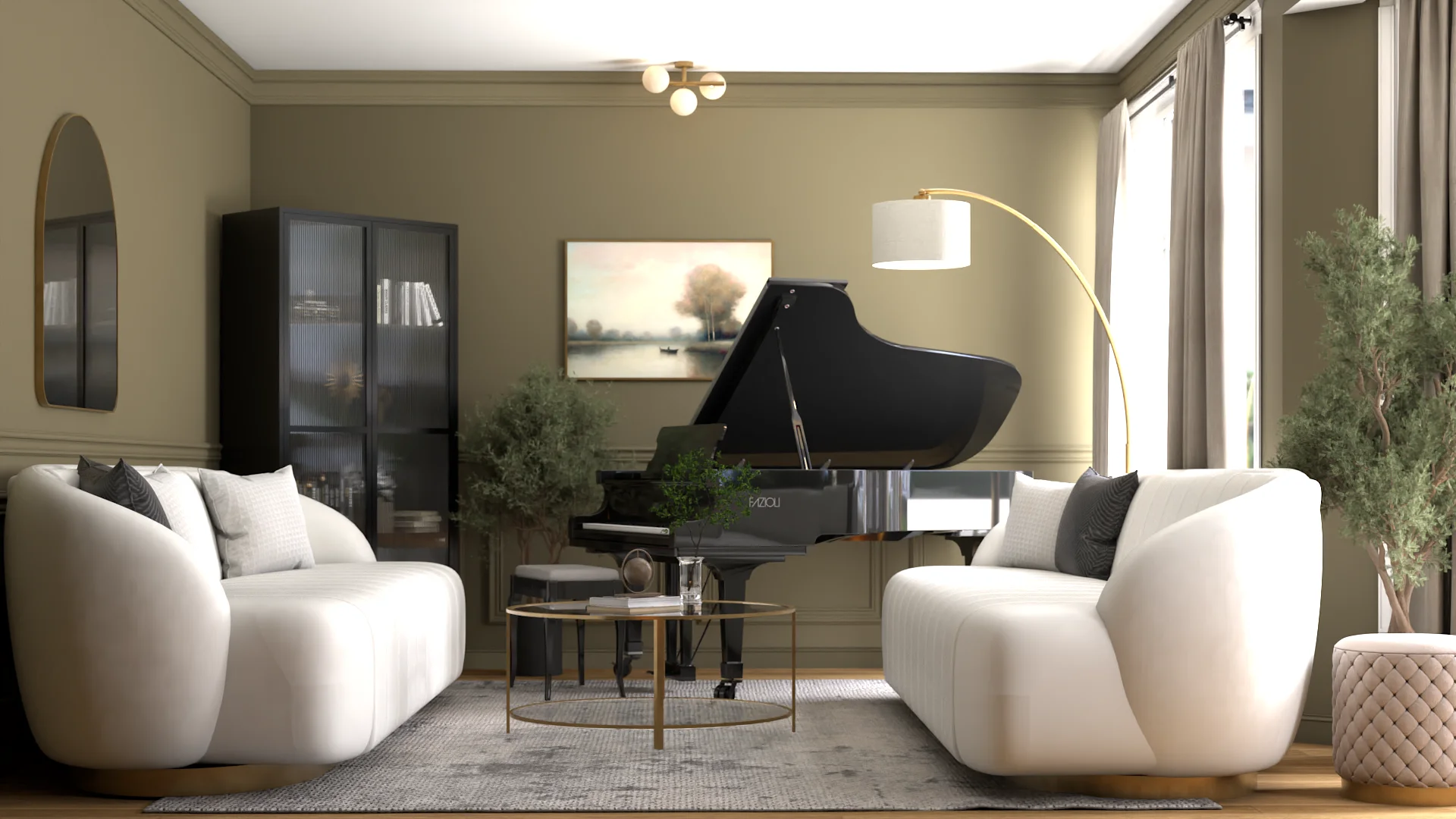 Twin curved sofas facing piano with black glass-door bookcase behind