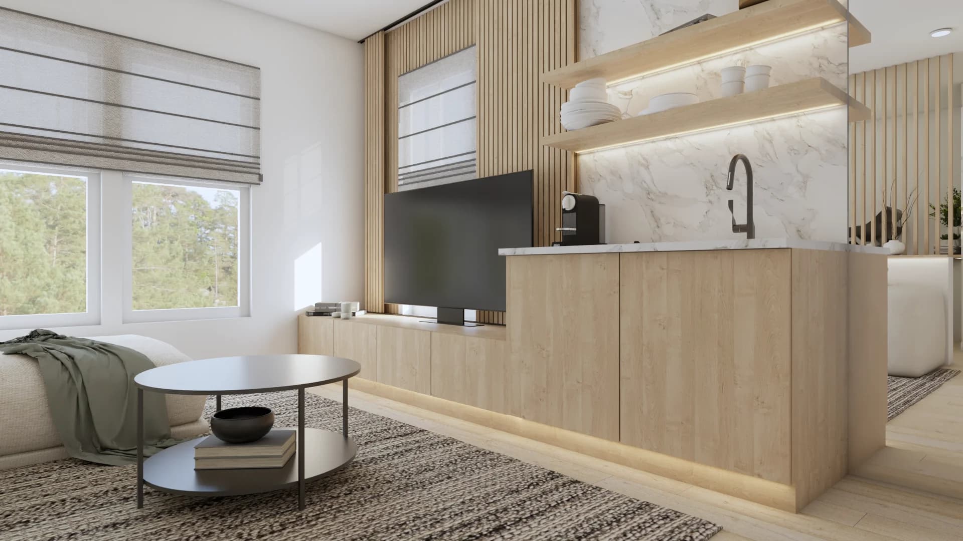 Oak wet bar cabinet with marble backsplash, lit floating shelves, black faucet, and coffee maker
