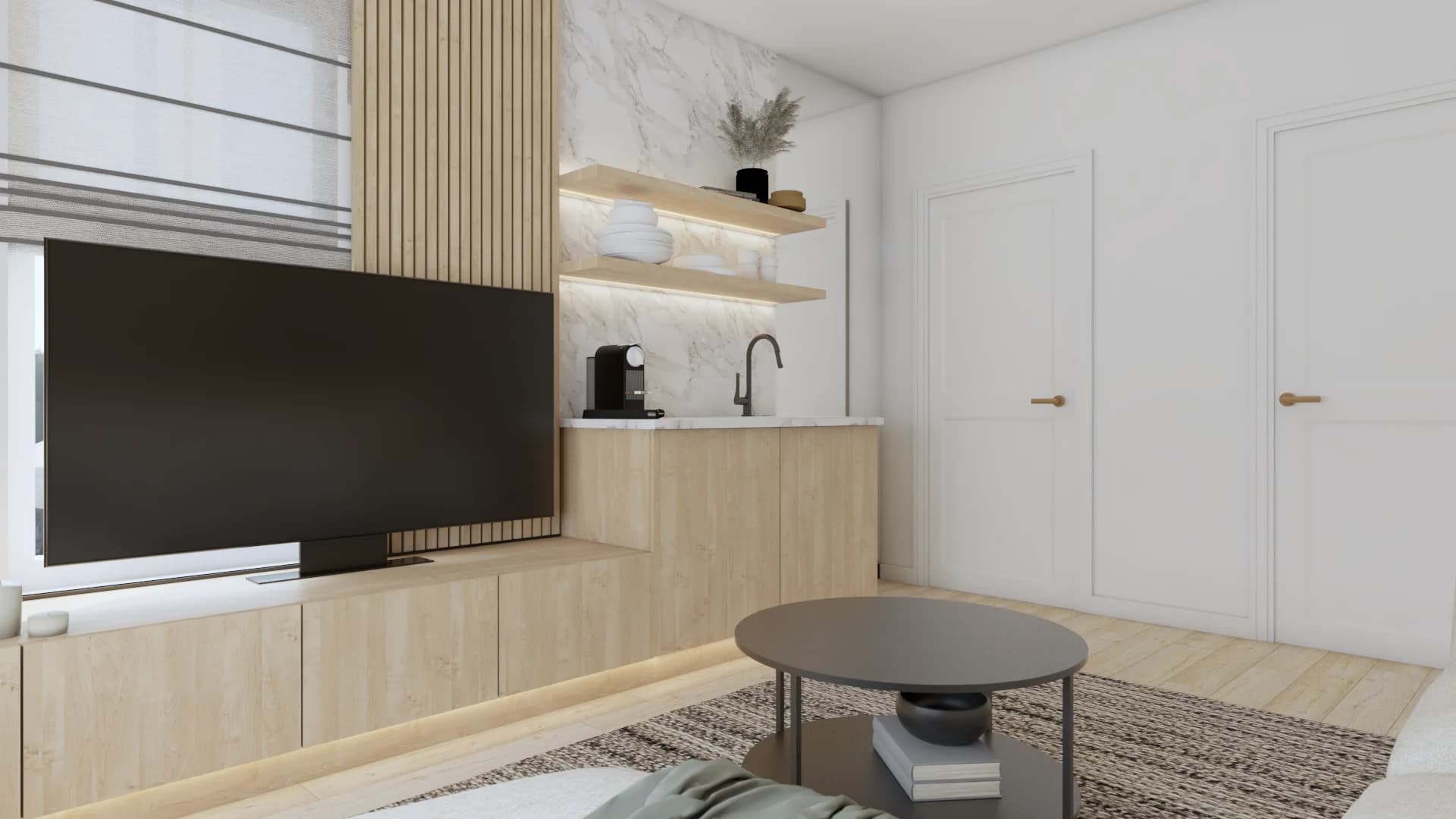 TV on oak slat wall beside wet bar with marble tile, lit shelves, and round gray coffee table