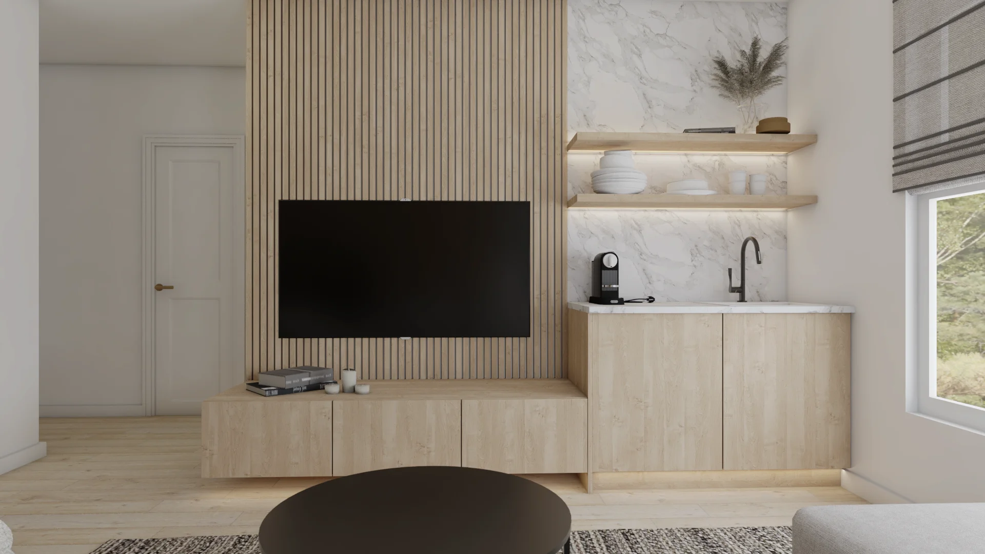 Full wall view of oak slat TV panel, floating shelves, wet bar with marble backsplash, forest window