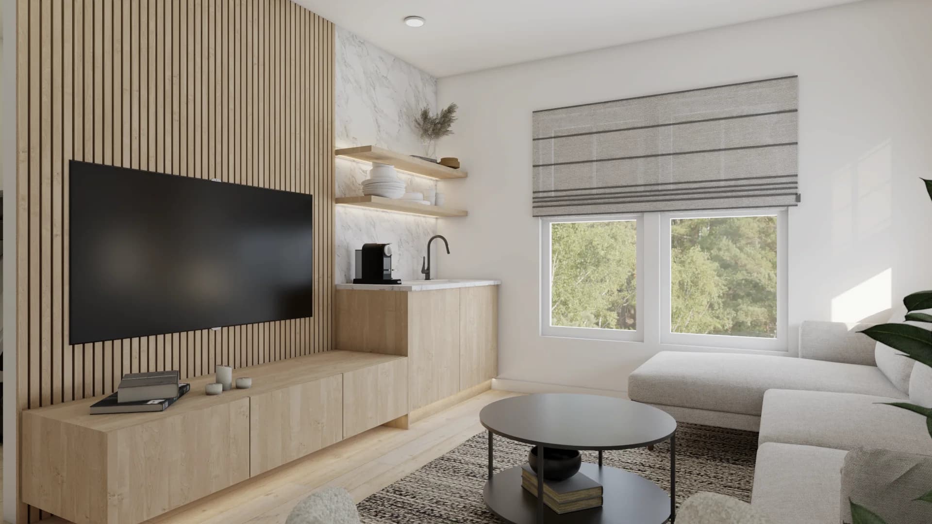 Wide living room view with white sofa, oak coffee table, wet bar wall, and forest windows