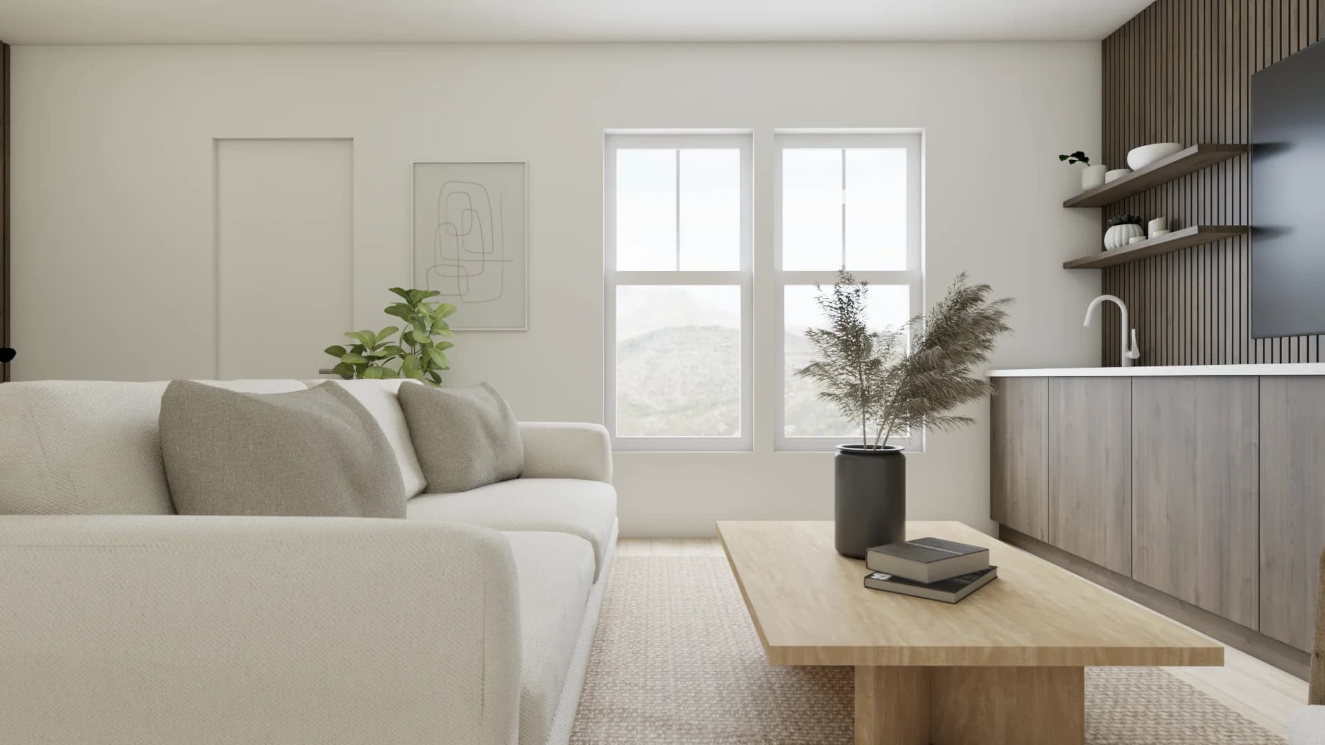 White sofa with line art wall print, oak coffee table, and dark slat media wall with open shelves