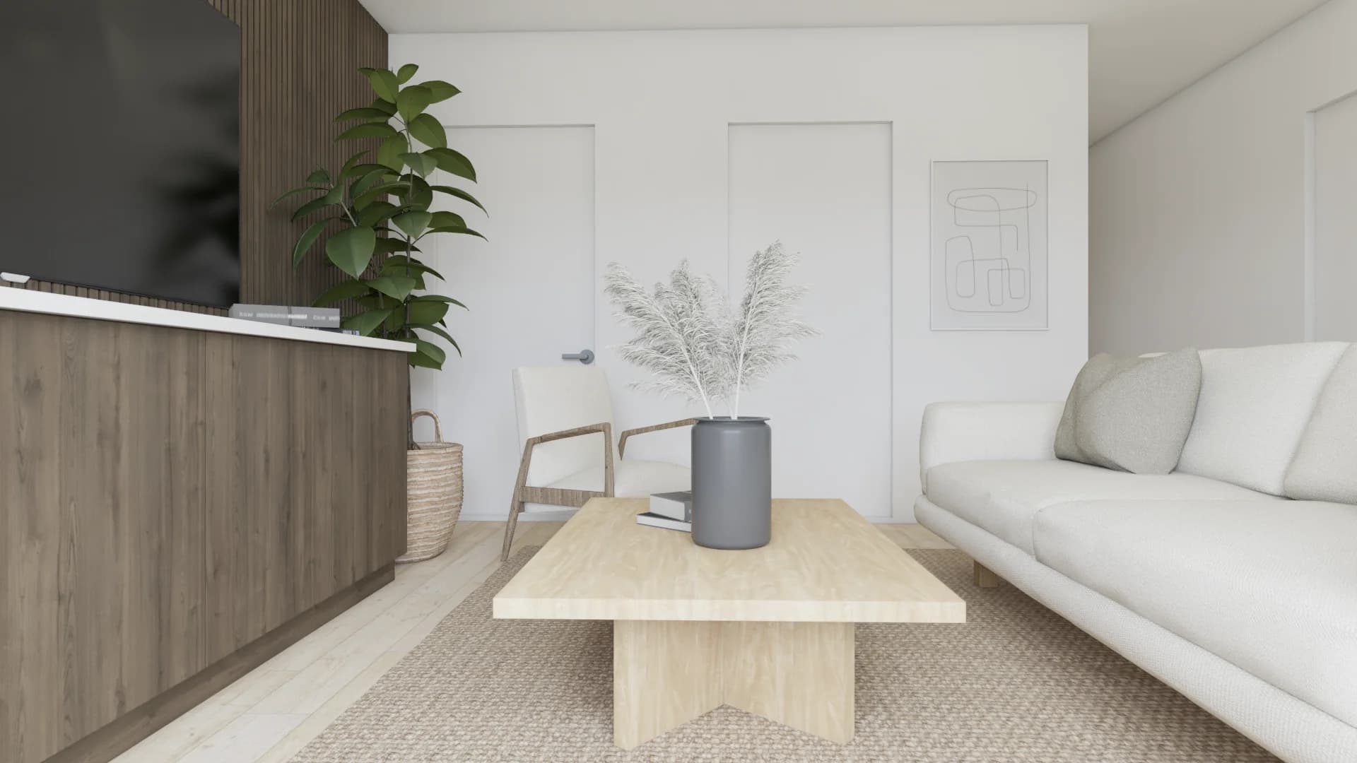Oak travertine coffee table with gray ceramic vase, white pampas branch, rattan chair in background