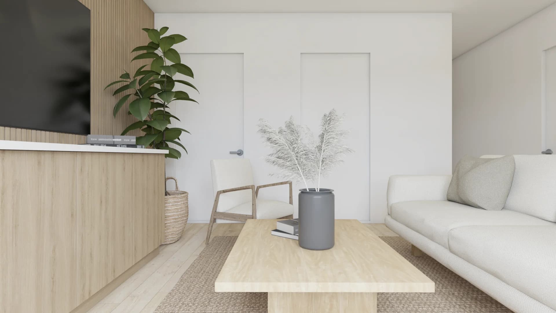 Wood frame accent chair beside oak coffee table with ceramic vase and white boucle sofa nearby