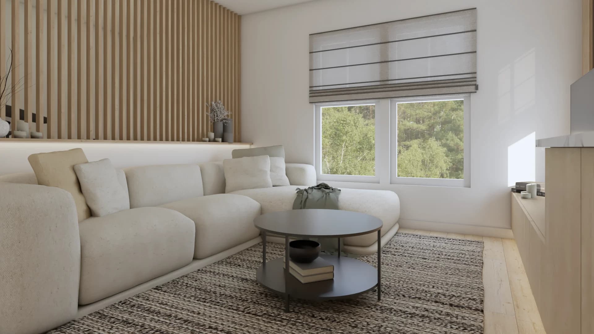 White boucle sectional beside forest-view window with roman shade and round gray coffee table