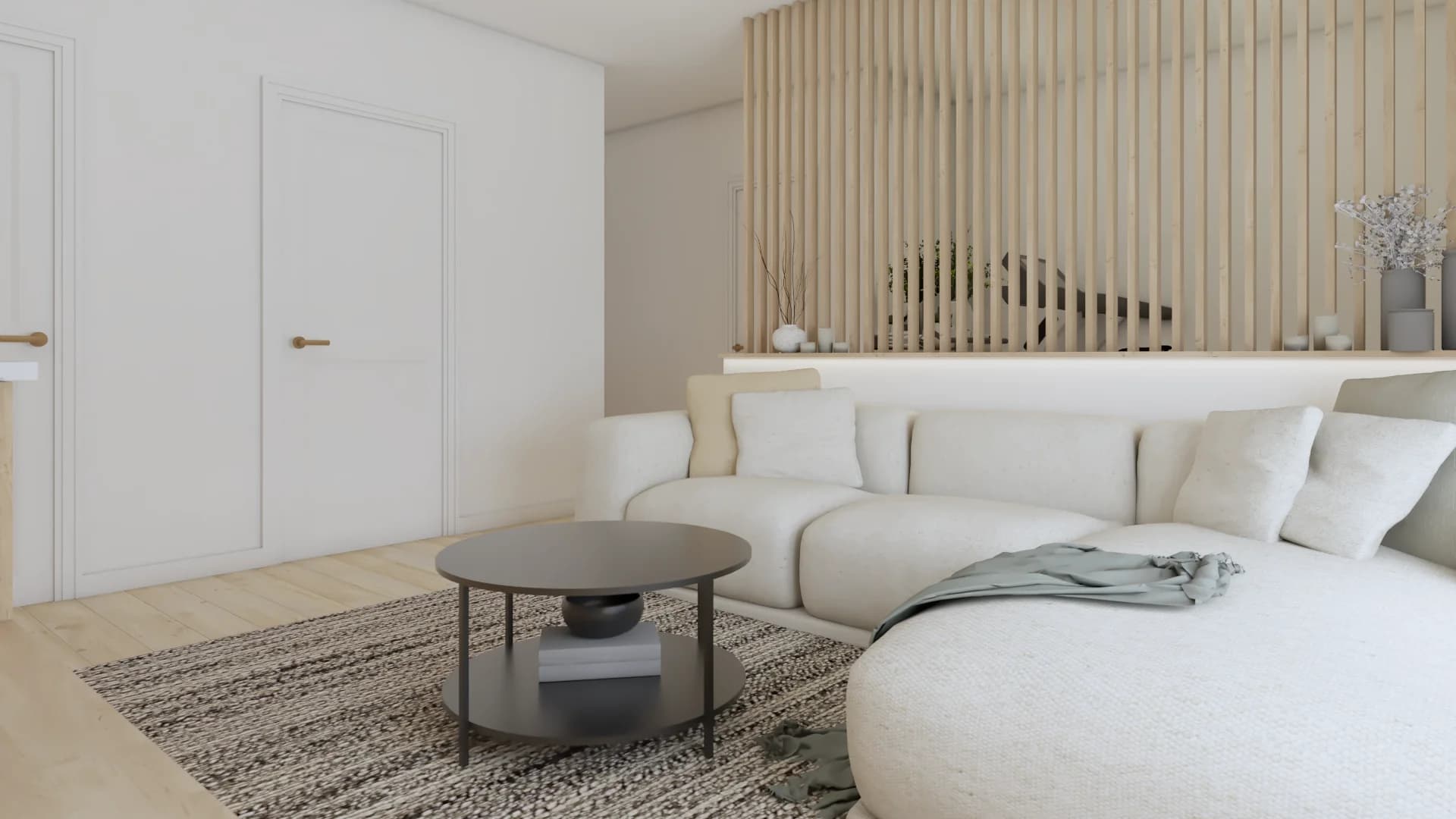 White door with brass handle, boucle sectional corner, and oak slat wall with display shelf