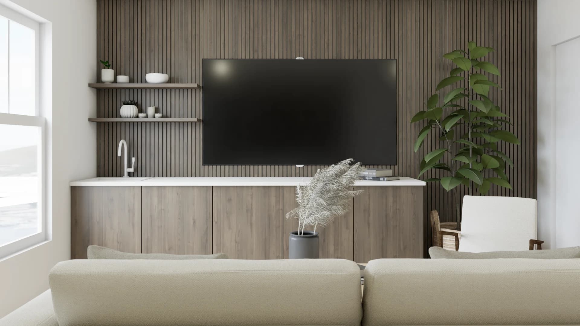 Dark oak slat TV wall with floating shelves, wood media cabinet, and tall fiddle leaf plant