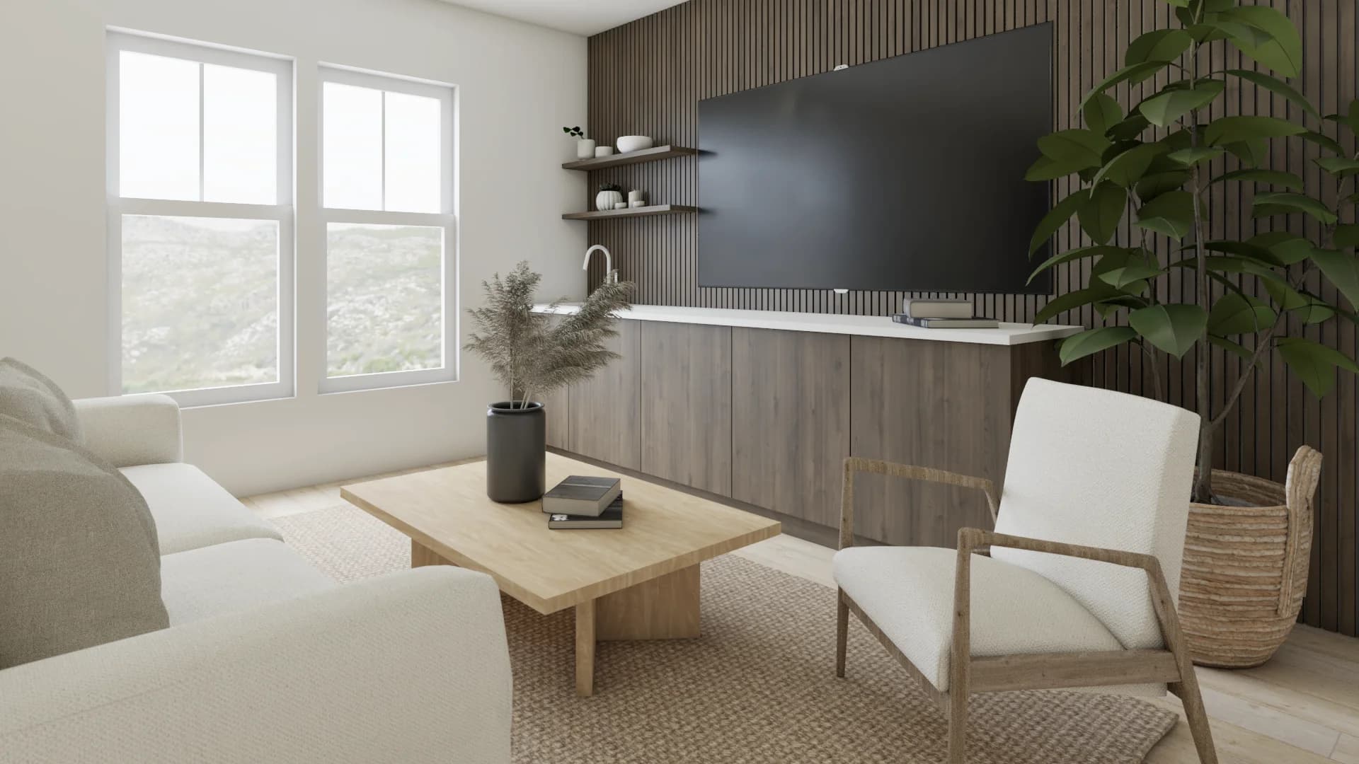 Light oak coffee table, rattan accent chair, TV wall, and double windows with mountain views