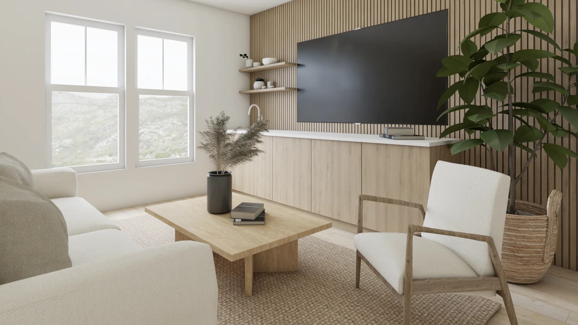 Light oak slat TV wall with floating shelves, wood media console, pampas grass, and accent chair