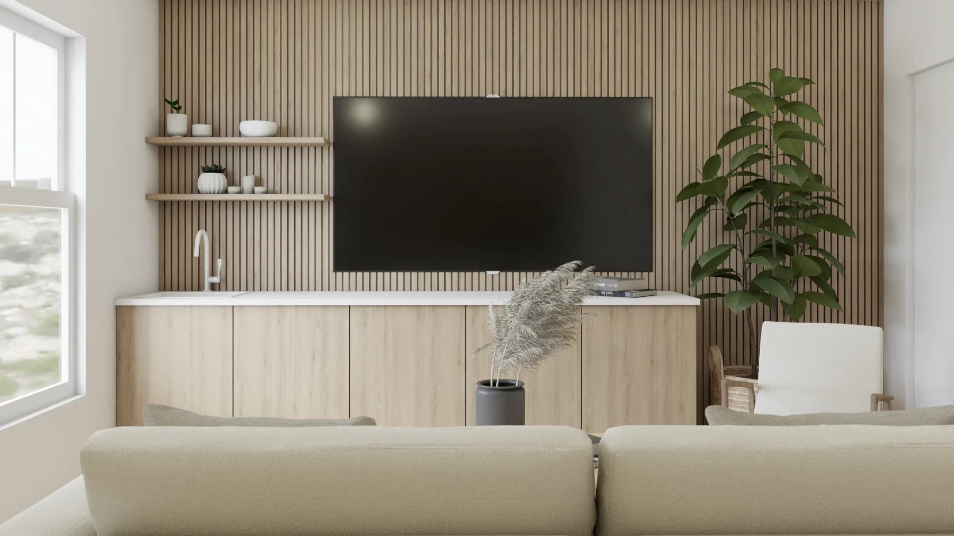 Oak slat TV wall with floating shelves, wood media console, and large fiddle leaf fig plant