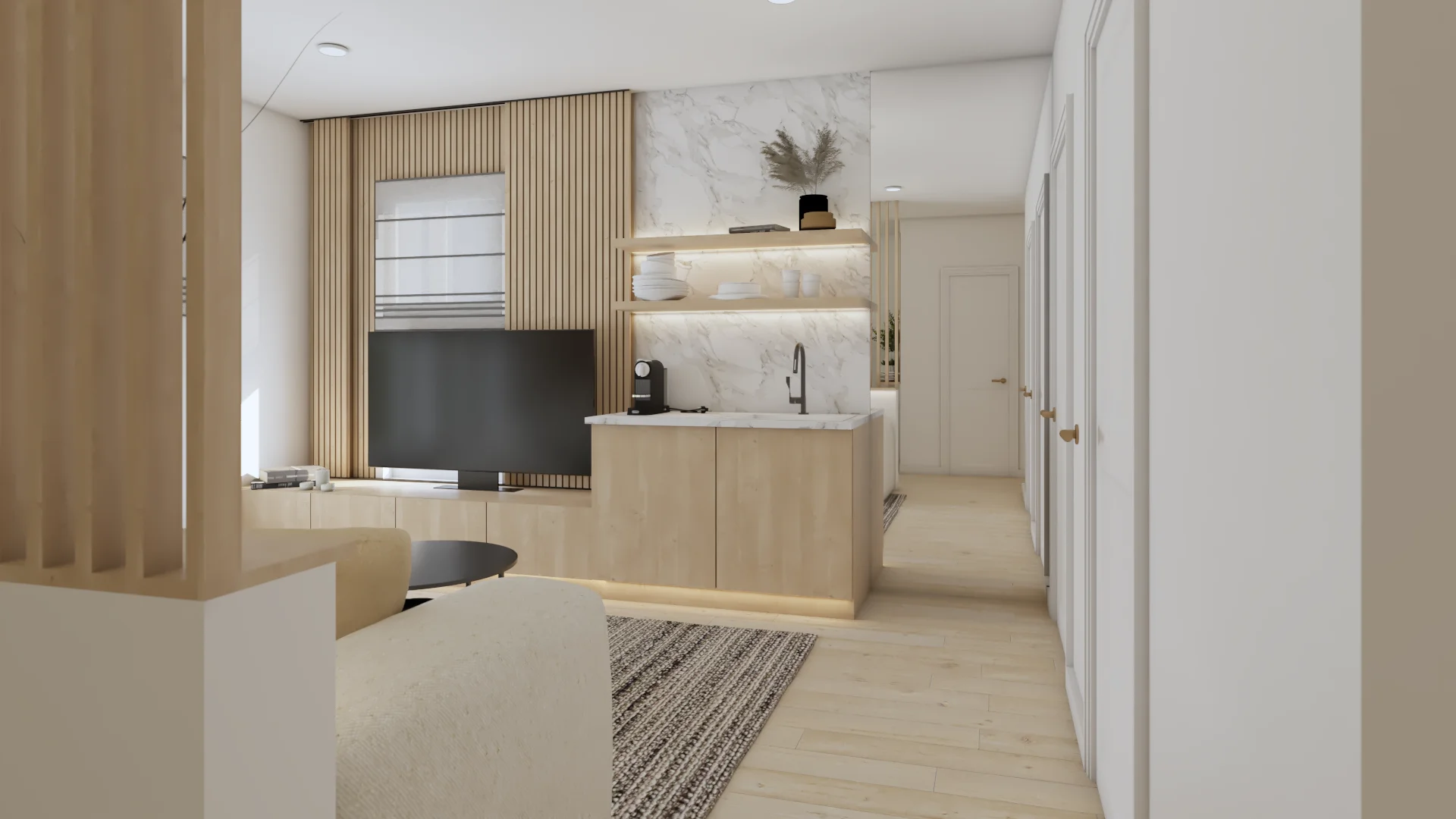 View from hallway through oak slat partition into living room with wet bar and marble backsplash