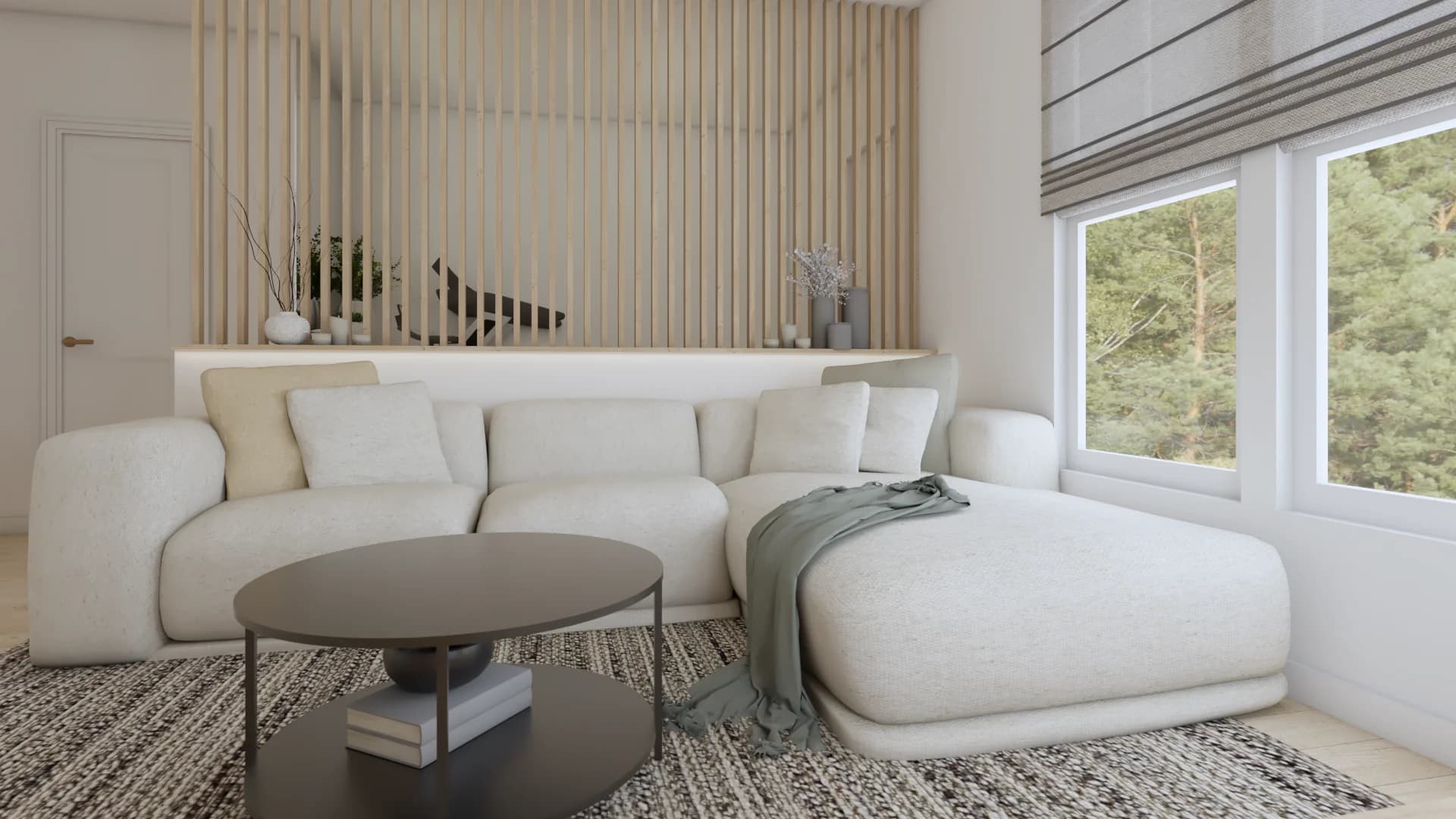 Organic modern living room with white boucle sectional, oak slat wall, round coffee table, and forest window view