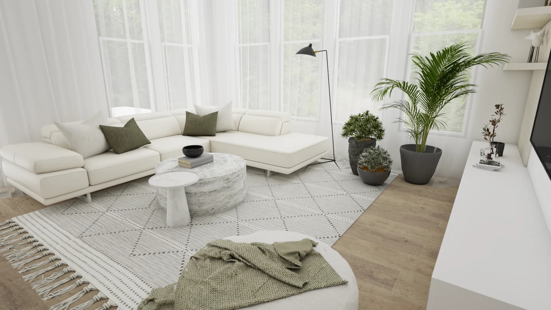 Organic modern living room with white sectional sofa, round marble coffee table, Moroccan rug, and potted palms.