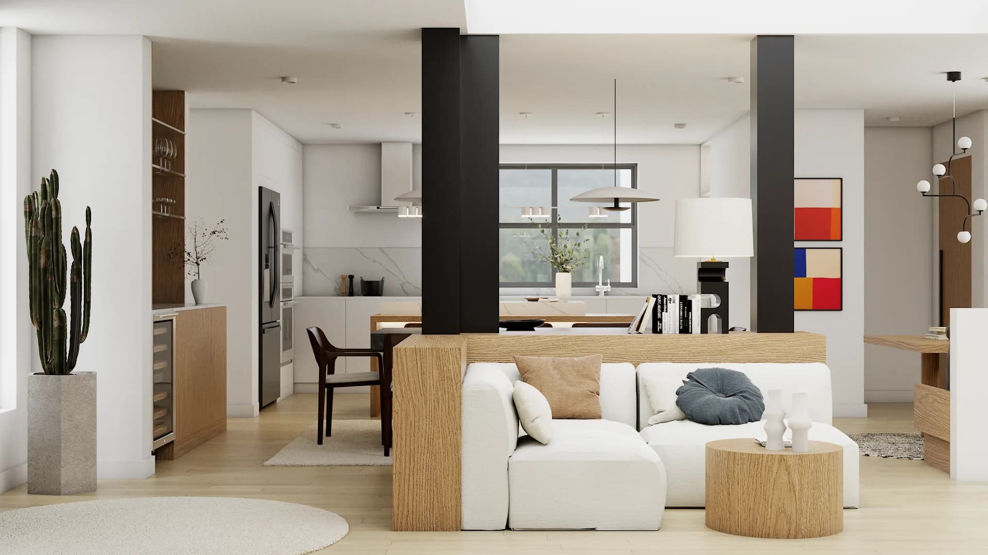Open-plan living room with white modular sofa wrapped in wood base, twin black structural columns, and colorful abstract art